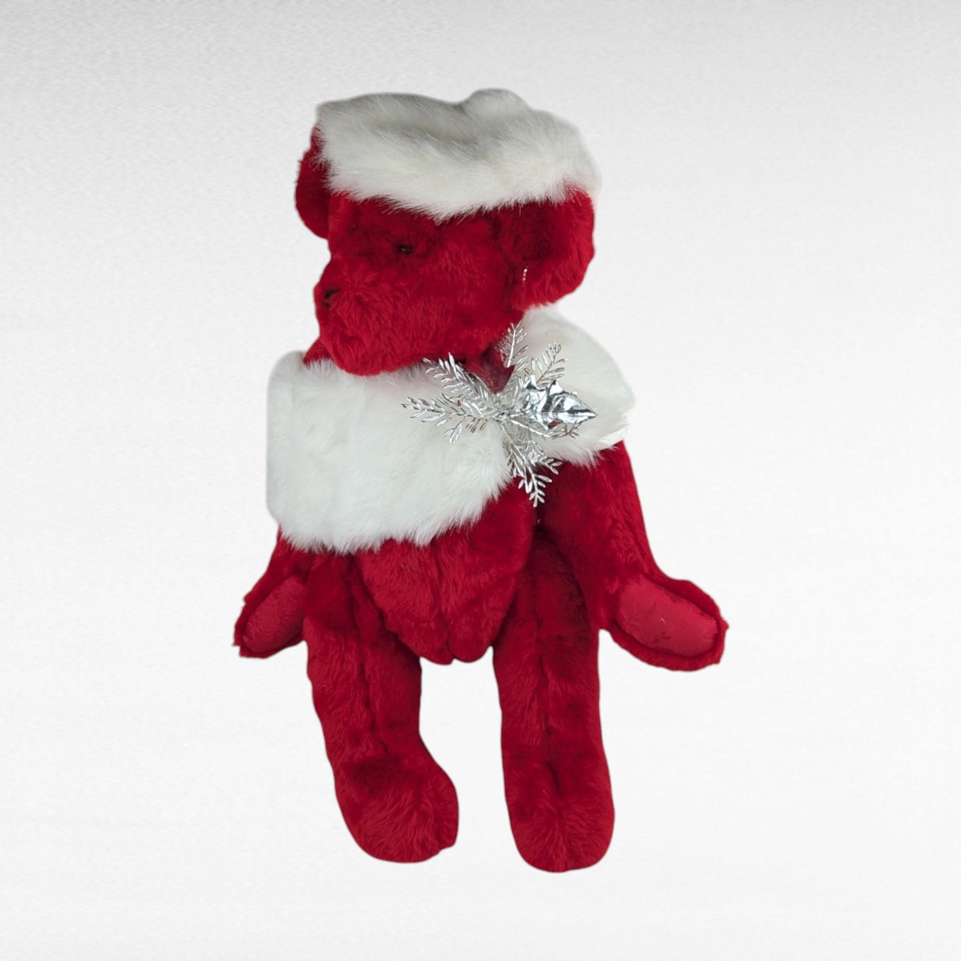 1993 Johnson Creations Red Teddy Bear | Christmas Bear | White Faux Fur Hat and Scarf | Plush Bear | Collectible