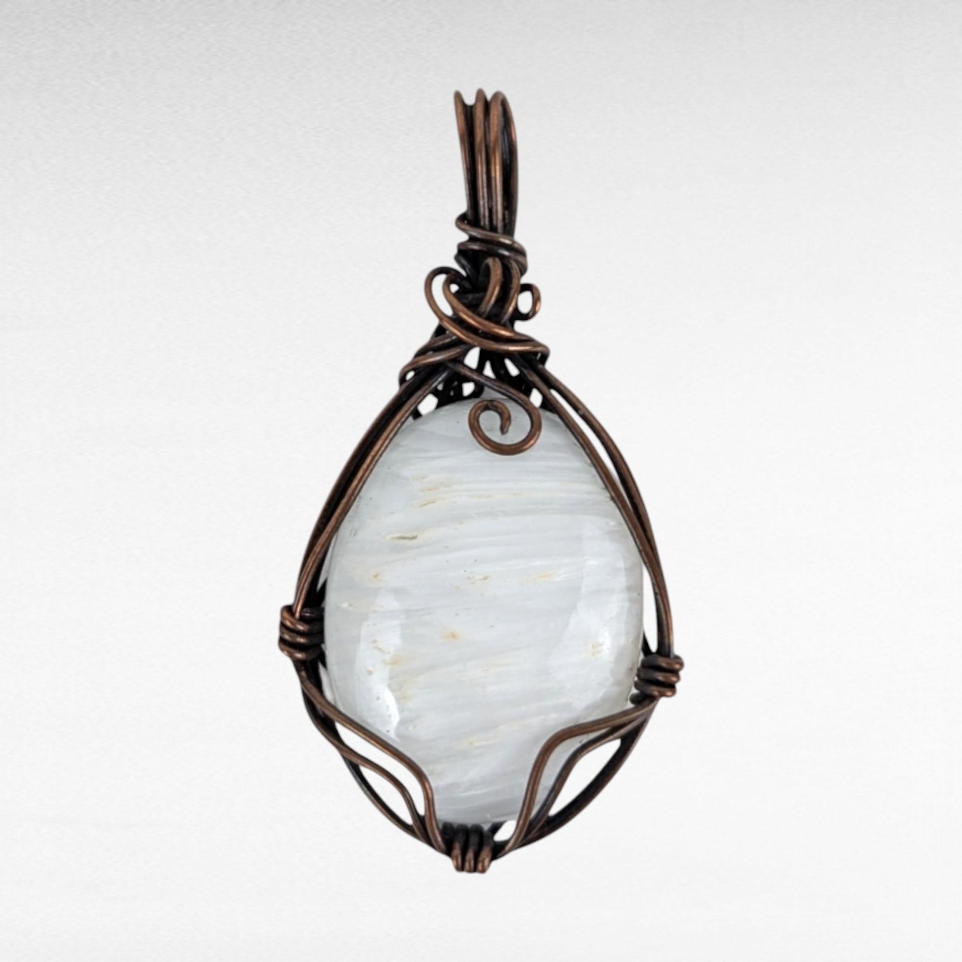 Handmade Copper Wire Wrapped Scolecite Pendant - White Crystal, Antiqued Finish