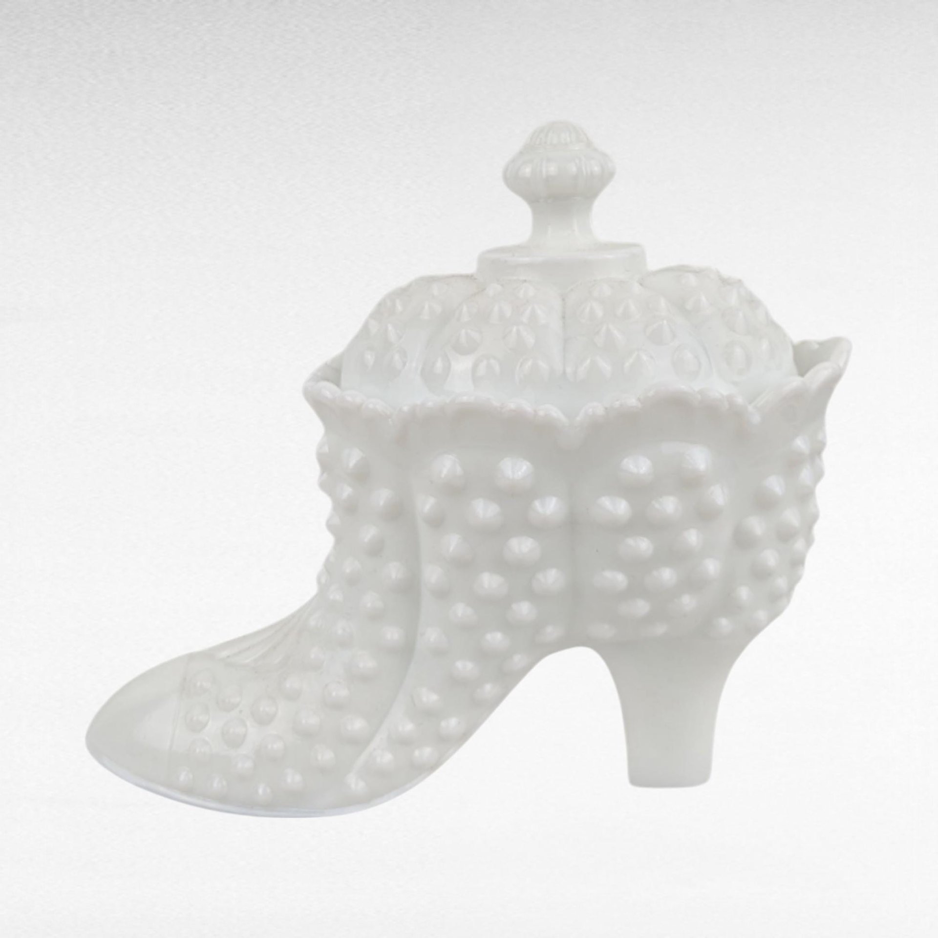 Vintage Fenton Hobnail Milk Glass Boot - Covered Candy Dish - Trinket Box -  Collectible Glassware -  Victorian Style Decor