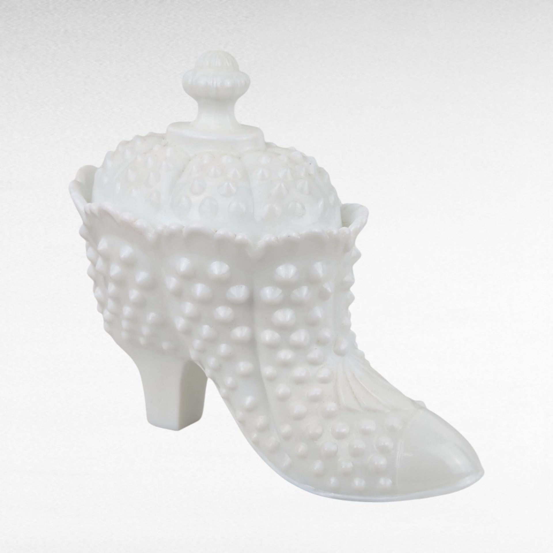 Vintage Fenton Hobnail Milk Glass Boot - Covered Candy Dish - Trinket Box -  Collectible Glassware -  Victorian Style Decor