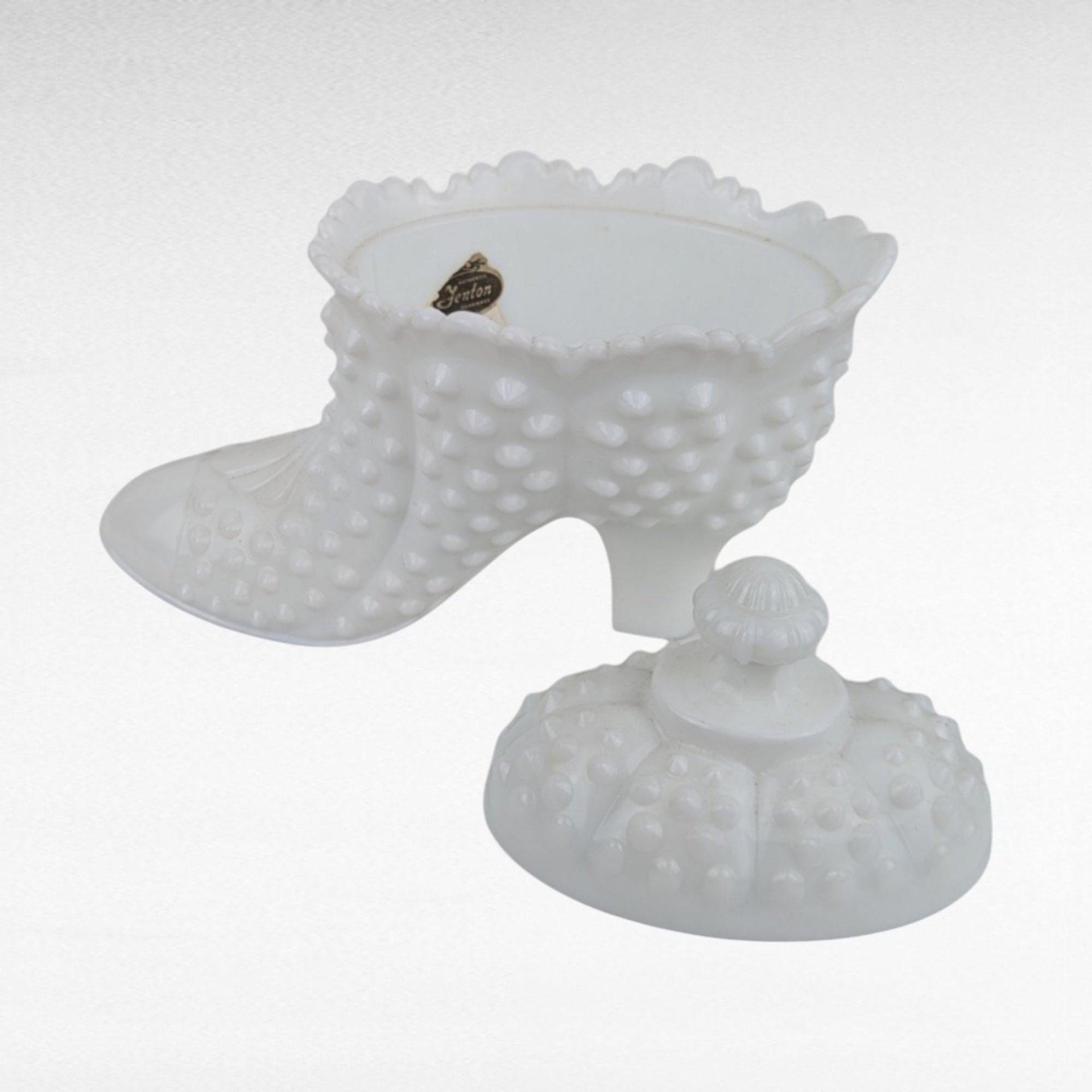 Vintage Fenton Hobnail Milk Glass Boot - Covered Candy Dish - Trinket Box -  Collectible Glassware -  Victorian Style Decor