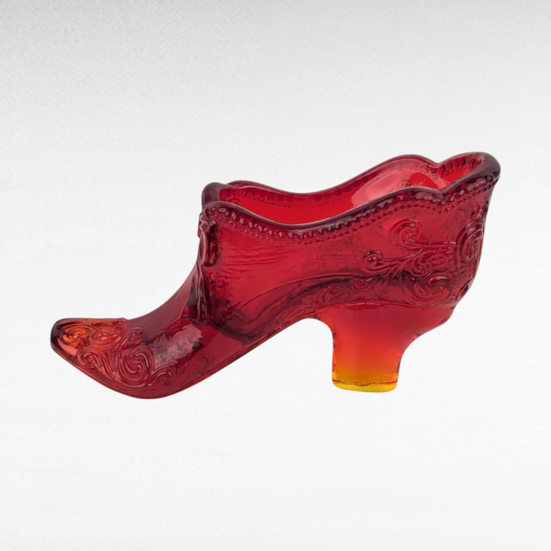Vintage Amberina Glass Shoe Figurine - Red Glass Shoe - Floral Decor - Trinket Dish - Collectible Glassware - Victorian Style Decor