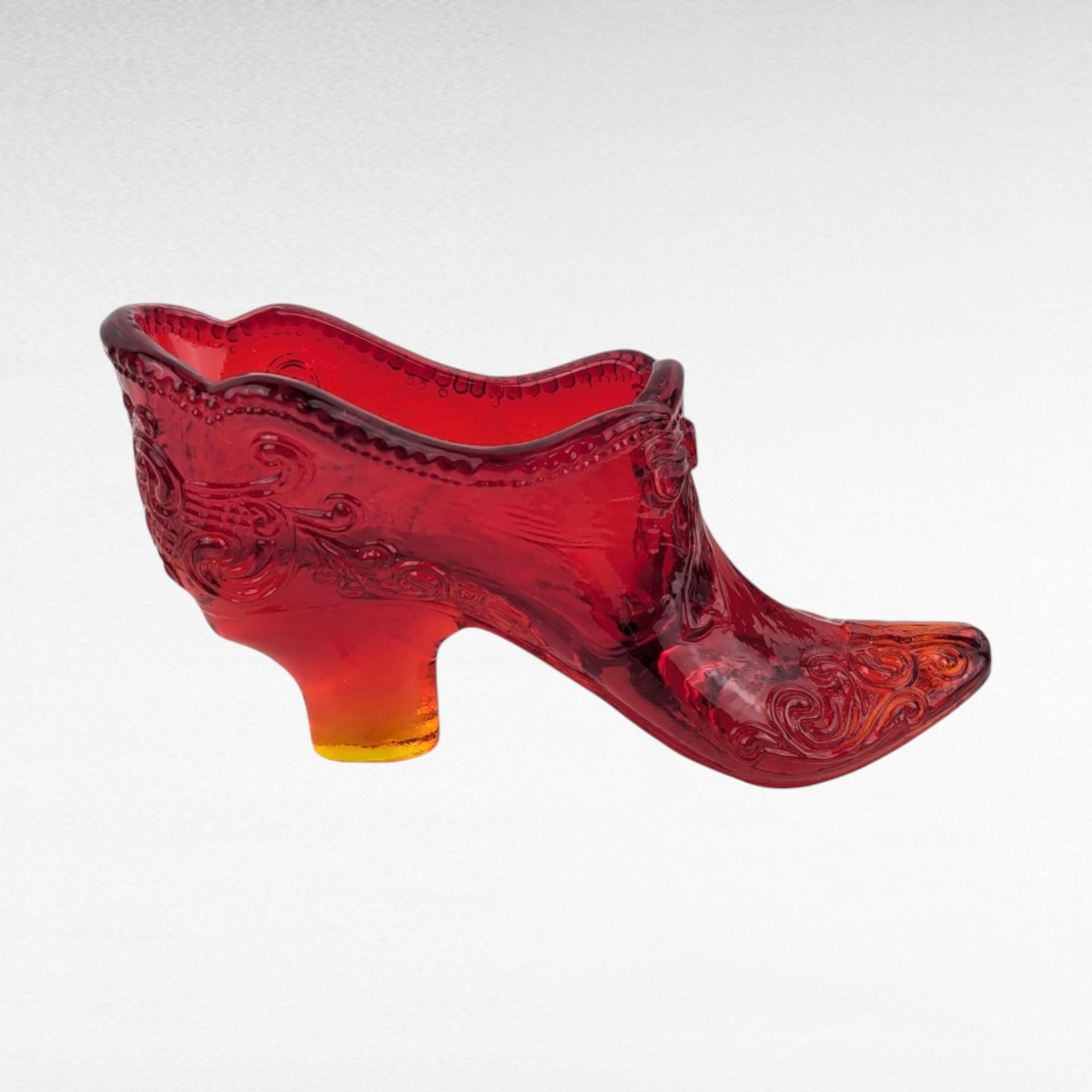 Vintage Amberina Glass Shoe Figurine - Red Glass Shoe - Floral Decor - Trinket Dish - Collectible Glassware - Victorian Style Decor