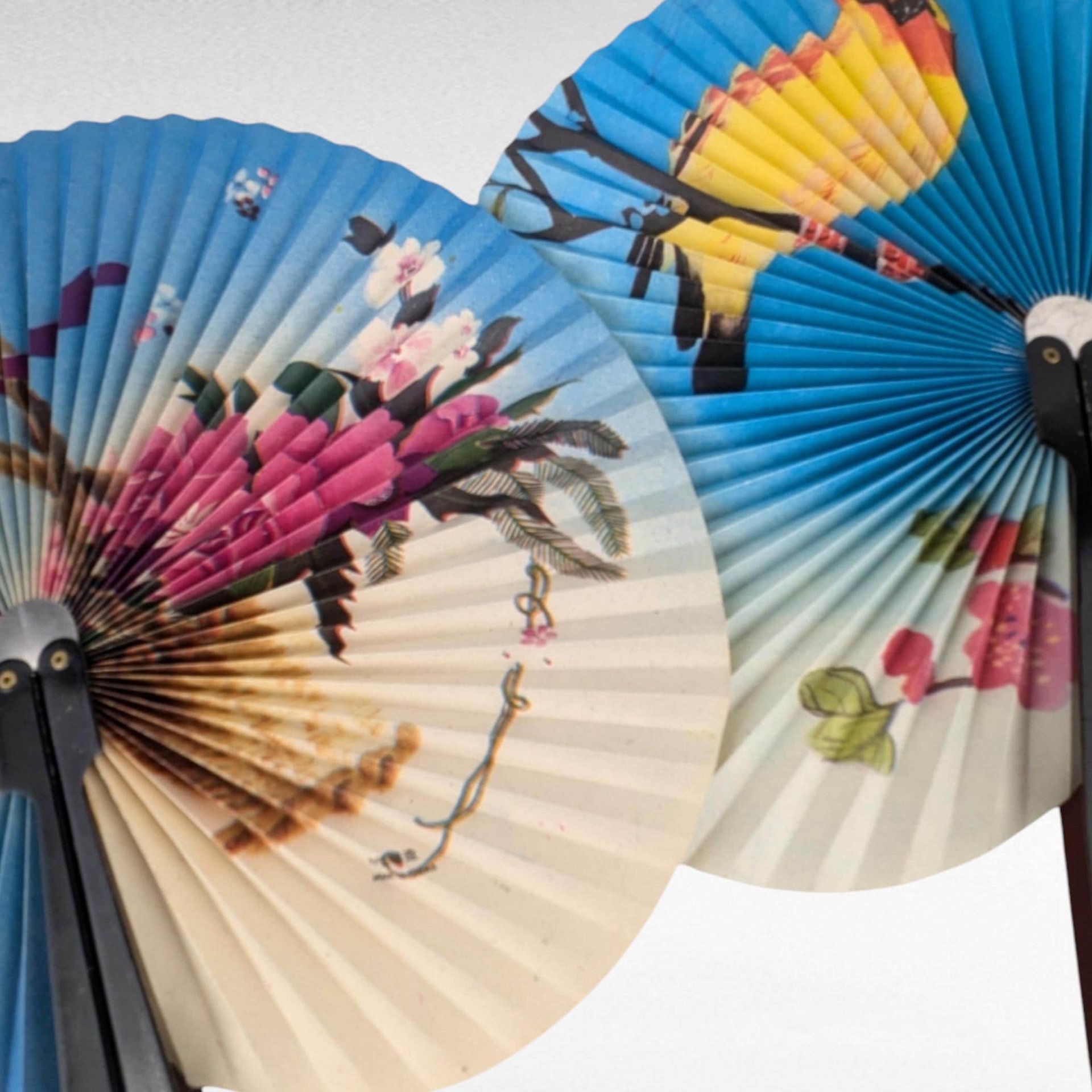 Vintage Pair of Cherry Blossom Folding Fans | Metal and Paper Hand Fans | Asian-Inspired Decor | Decorative Folding Fans