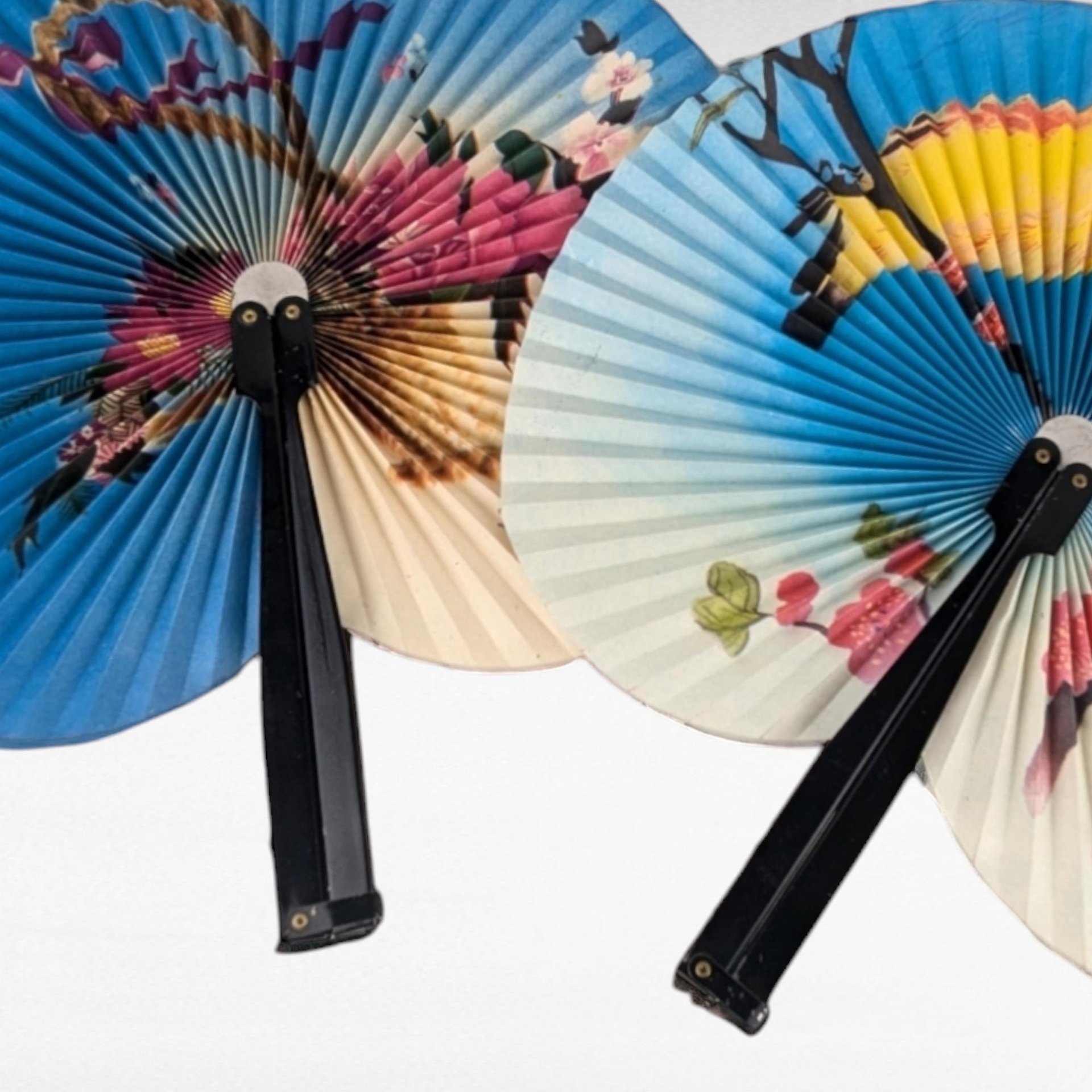 Vintage Pair of Cherry Blossom Folding Fans | Metal and Paper Hand Fans | Asian-Inspired Decor | Decorative Folding Fans