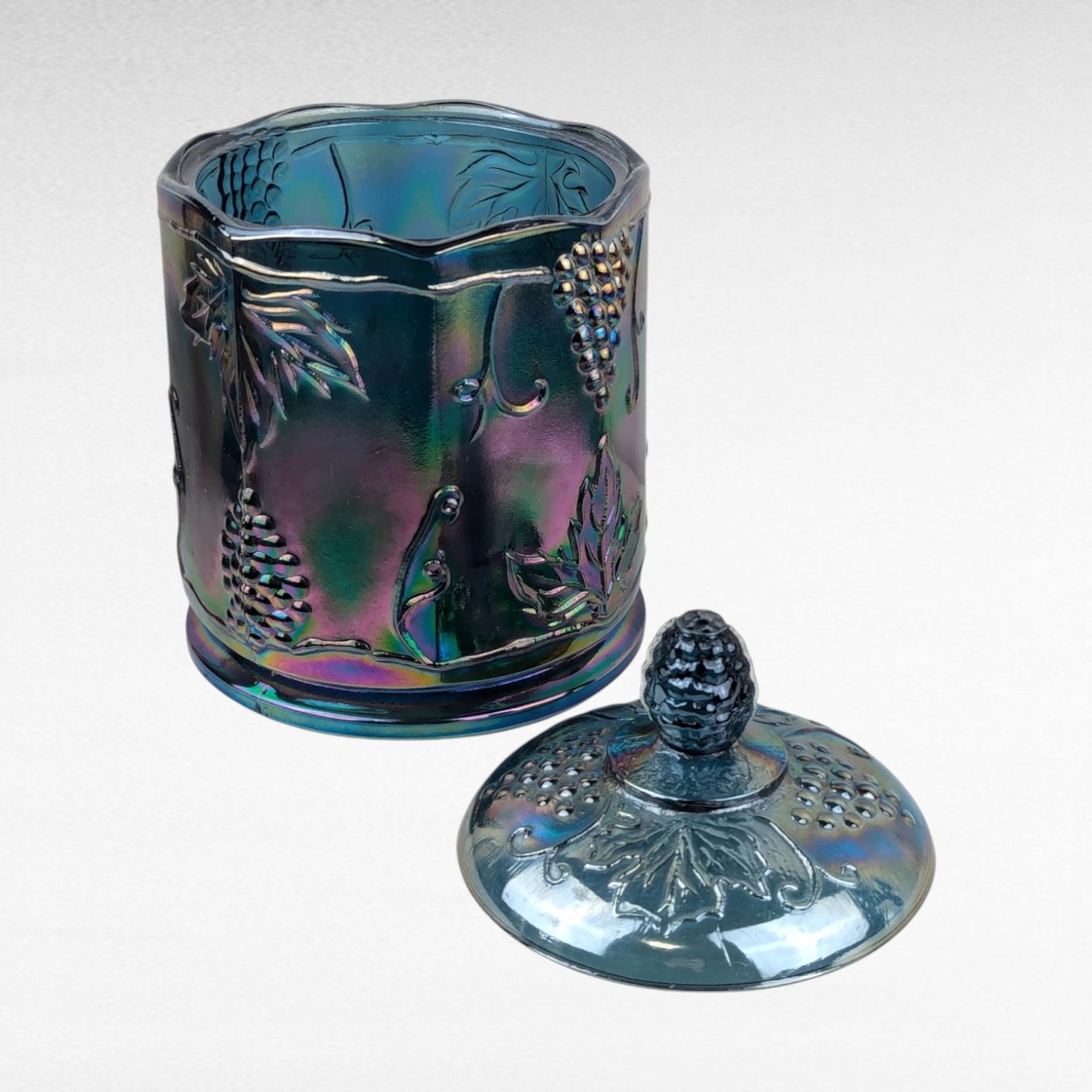 Vintage Indiana Glass Harvest Grape Carnival Glass Lidded Candy Dish, Iridescent Blue Glass,  Collectible Glassware