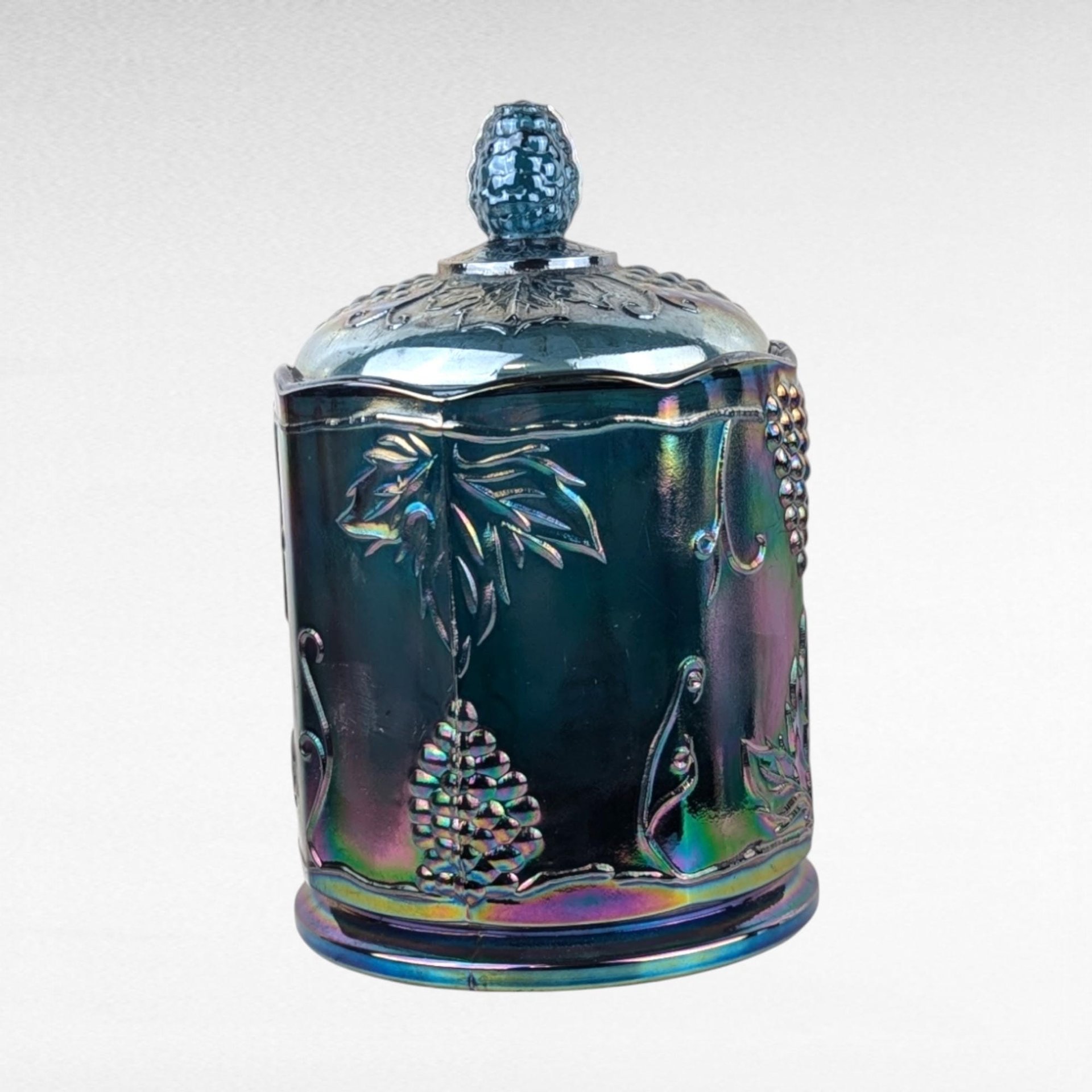 Vintage Indiana Glass Harvest Grape Carnival Glass Lidded Candy Dish, Iridescent Blue Glass,  Collectible Glassware