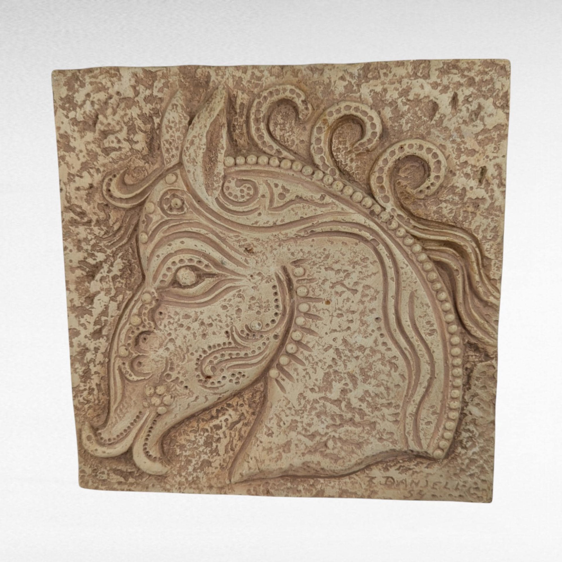 Pair of Vintage Z. Danjell Creations Greek Wall Plaques - Horse and Bull - Plaster Relief Art -  Classical Decor - Textured Wall Hangings