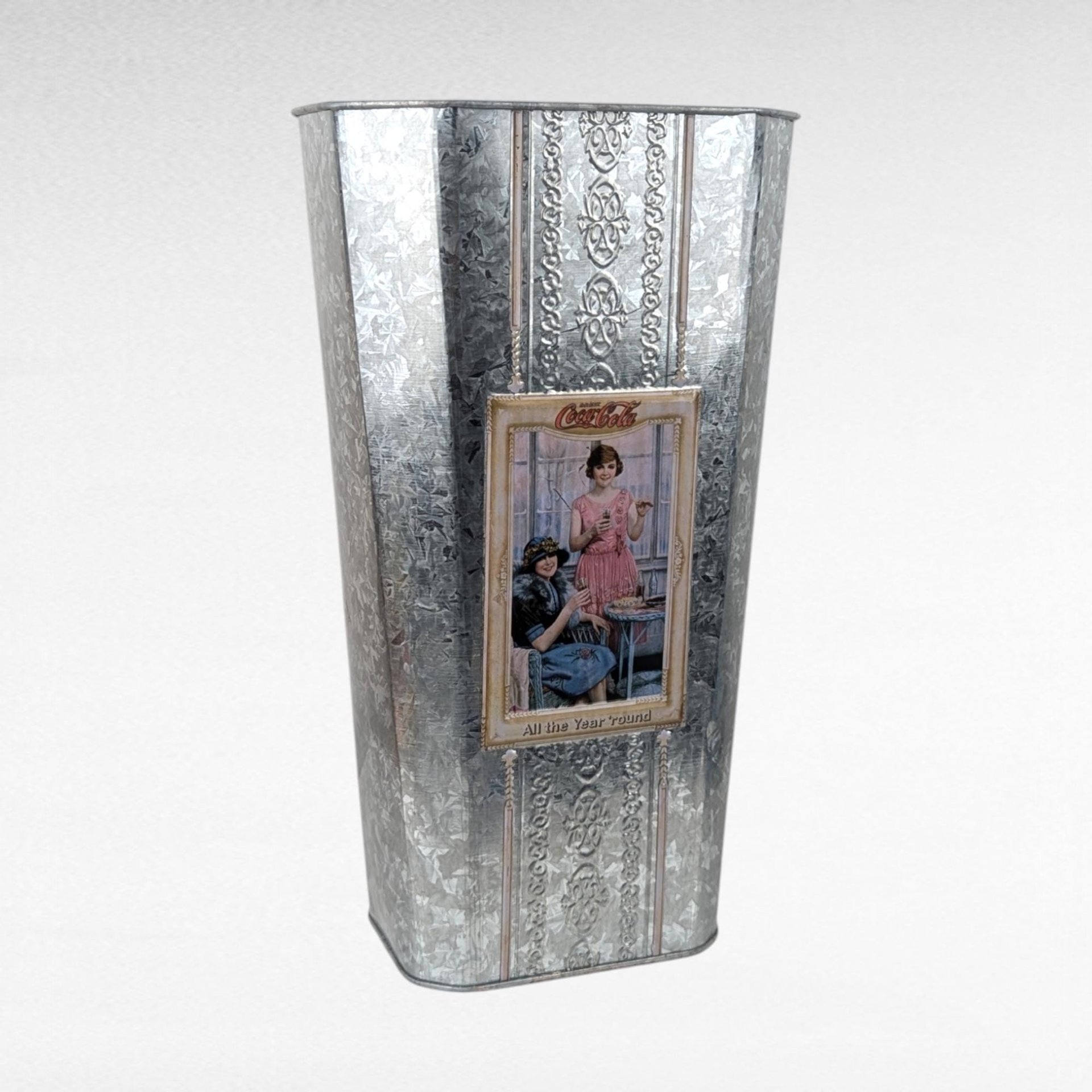 2003 Coca-Cola Metal Vase - Vintage Coca-Cola Decor - Embossed Tin Vase - "All the Year Round" -  Collectible Coke Decor