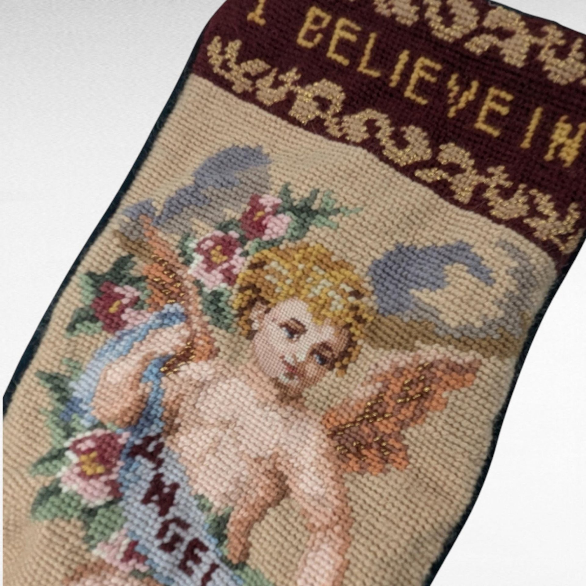 Vintage Needlepoint Christmas Stocking, "I Believe in Angels" Cherub Design, 18.5" Handmade Stocking
