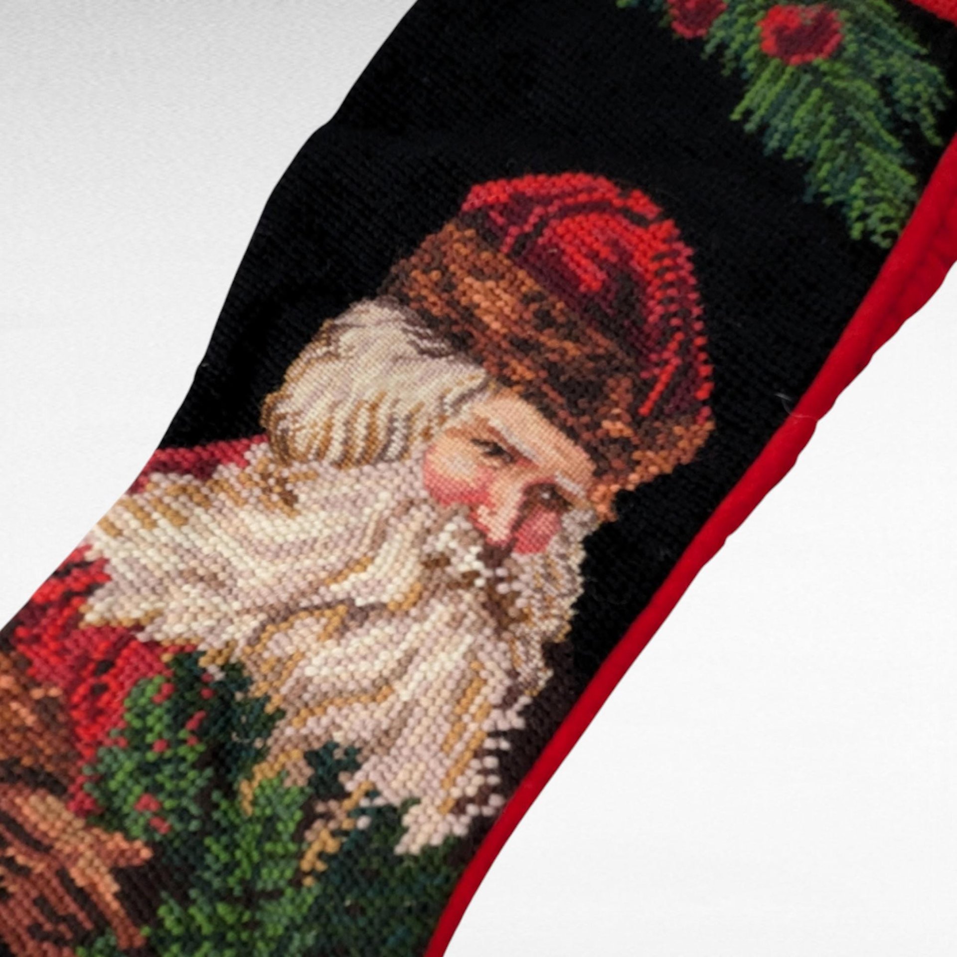 Vintage Needlepoint Christmas Stocking, Old World Santa Design, 20" Handmade Stocking, Holiday Decor