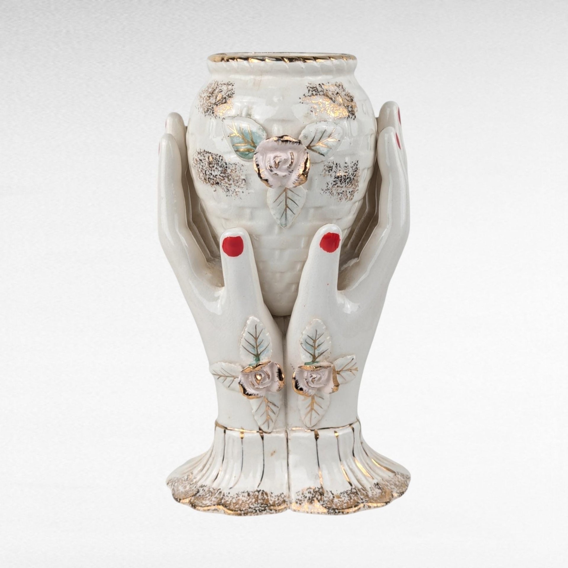 Imperfect Vintage Ceramic Vase with Hands, Unique Figural Vase, White and Gold Vase, Floral Decor, 7.25" Tall
