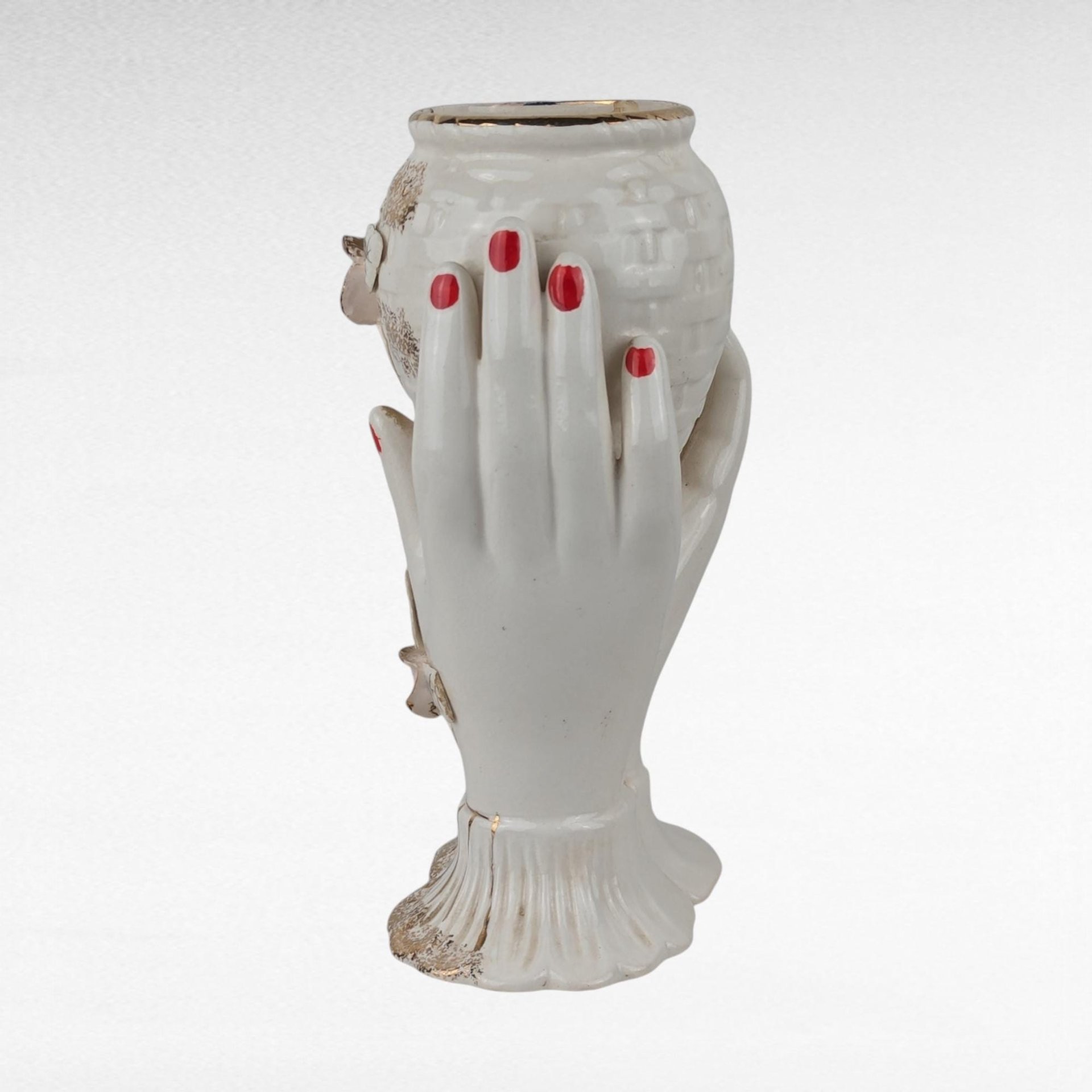 Imperfect Vintage Ceramic Vase with Hands, Unique Figural Vase, White and Gold Vase, Floral Decor, 7.25" Tall