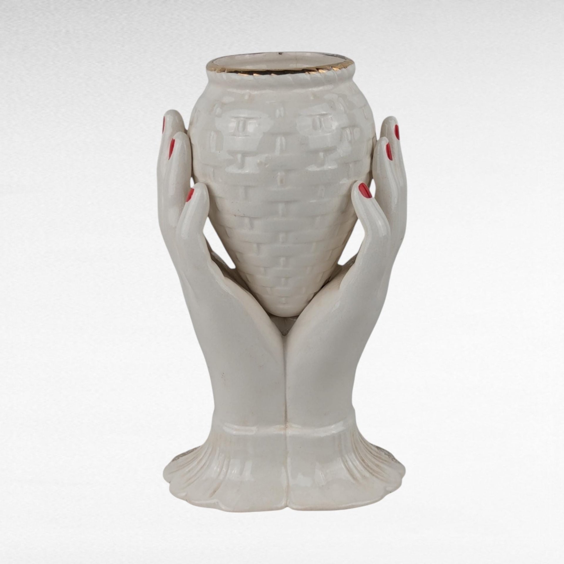 Imperfect Vintage Ceramic Vase with Hands, Unique Figural Vase, White and Gold Vase, Floral Decor, 7.25" Tall