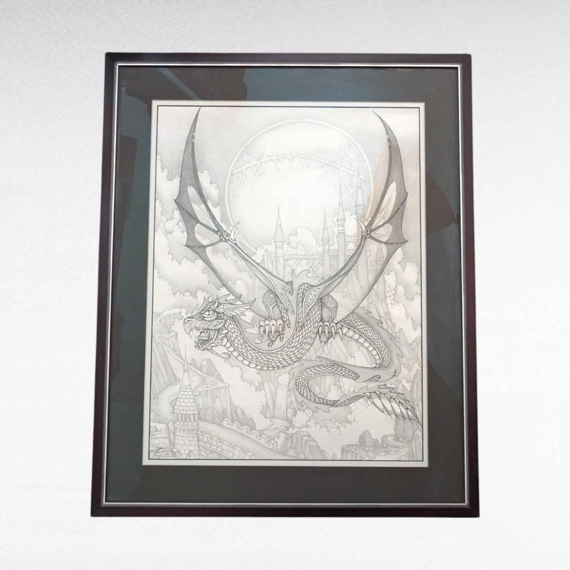 Vintage Dan Thompson Signed Fantasy Art Print, Dragon and Castle Scene, Framed, 30 x 24.25 Inches
