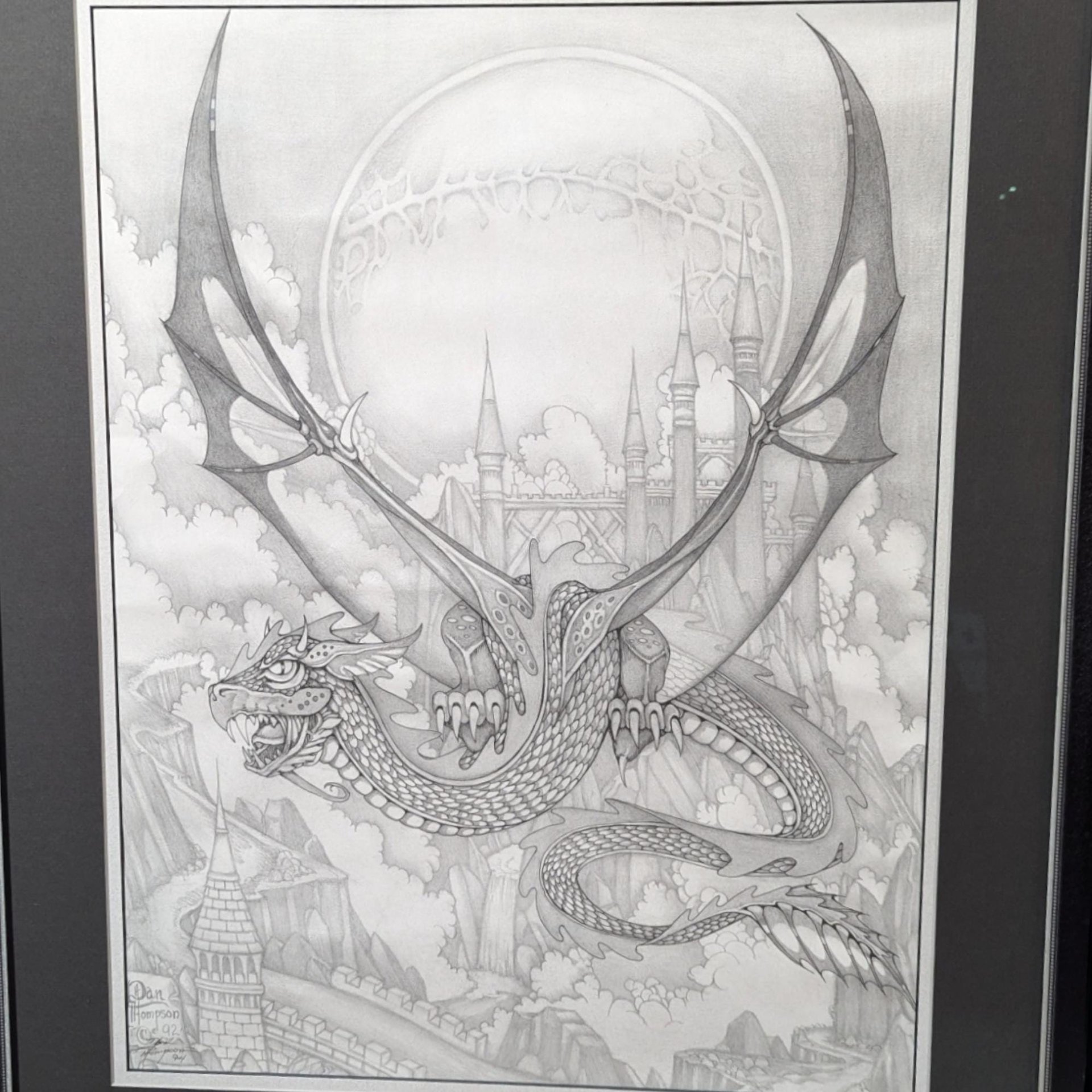 Vintage Dan Thompson Signed Fantasy Art Print, Dragon and Castle Scene, Framed, 30 x 24.25 Inches