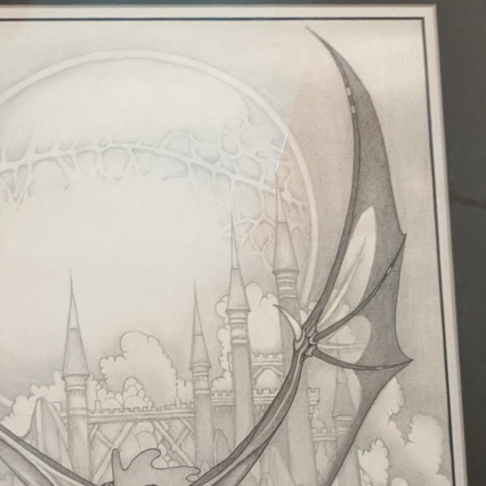 Vintage Dan Thompson Signed Fantasy Art Print, Dragon and Castle Scene, Framed, 30 x 24.25 Inches