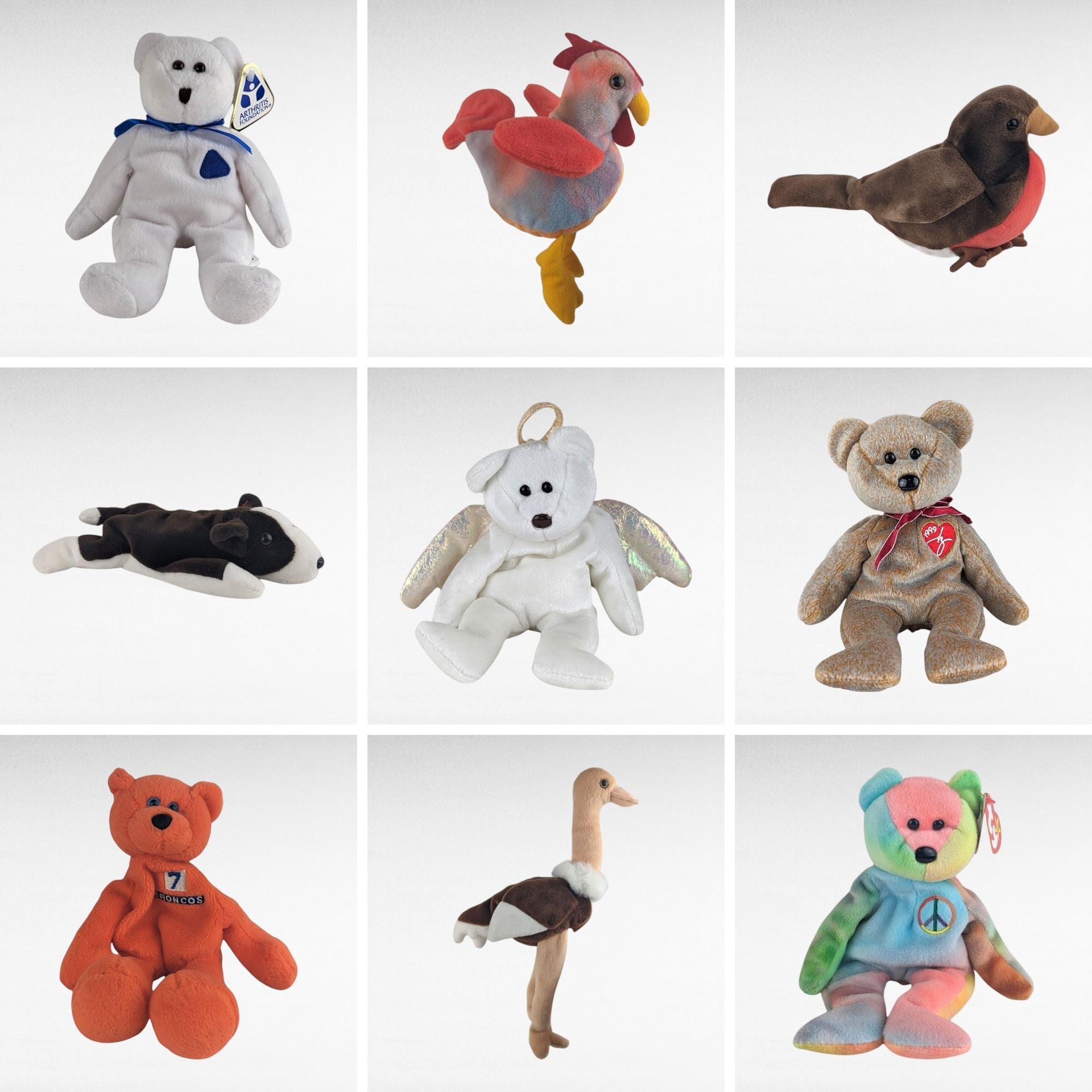 Vintage Ty Beanie Baby Lot, 90s Collectible Beanies, Strut Rooster, Peace Bear, Halo Angel Bear, Gift for Collectors, Nostalgic Toys