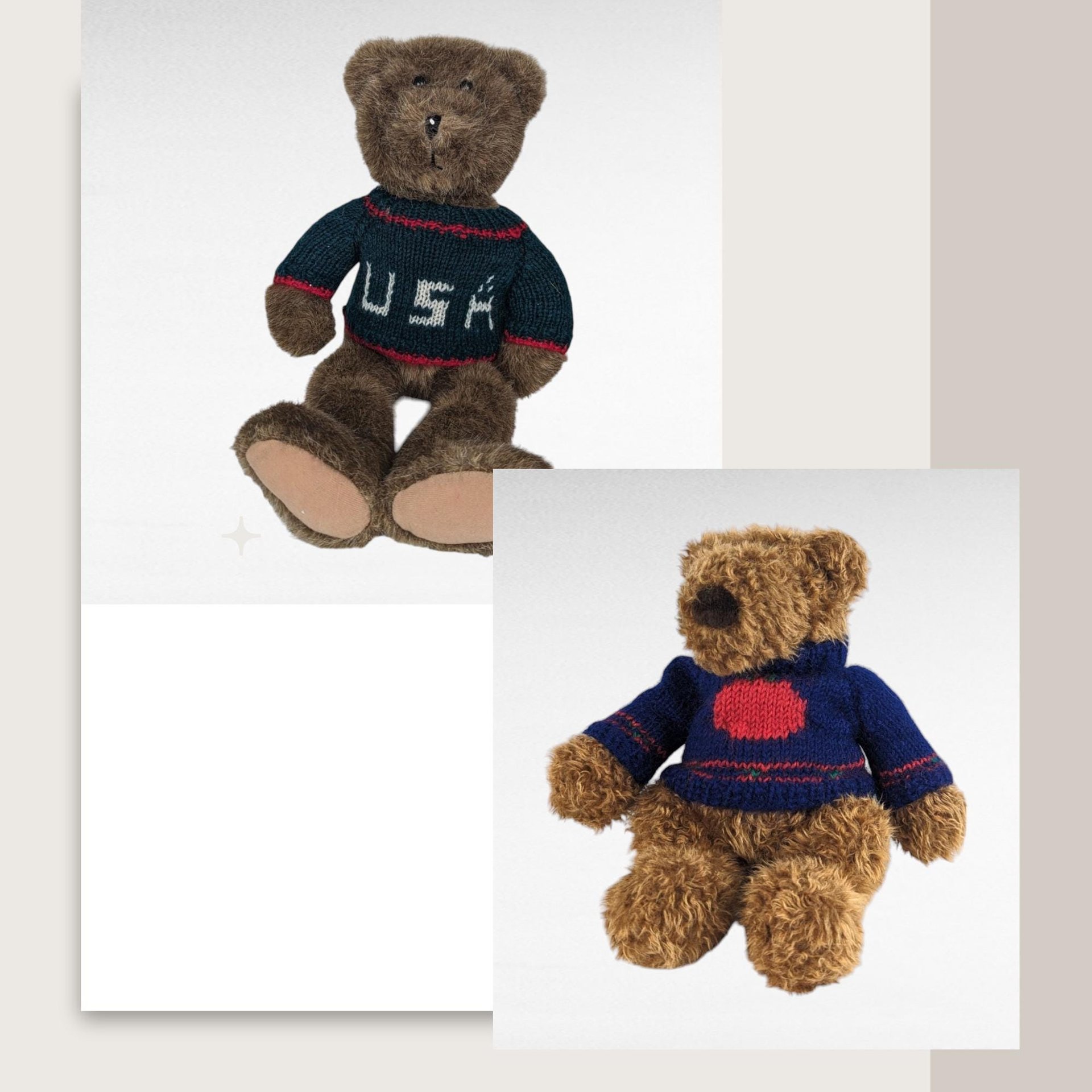 Vintage Sweater Bear Plush Pair - Gund Apple Sweater Teddy, Commonwealth USA Sweater Bear - Collectible Plushies, Vintage Toys, Gift Ideas