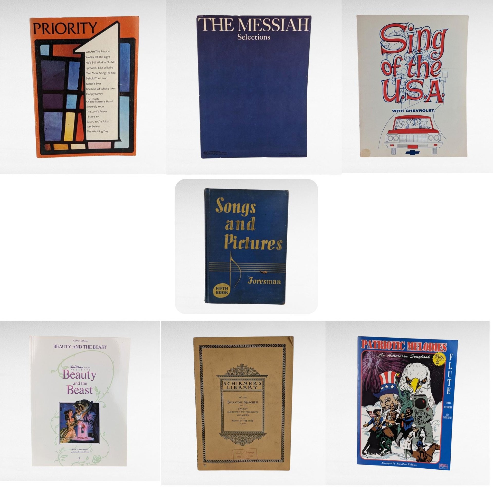 Vintage Sheet Music Book Lot, 1927 Schirmer, 1964 Sing USA Chevrolet, 1991 Beauty Beast, Patriotic Melodies Flute, Music Books