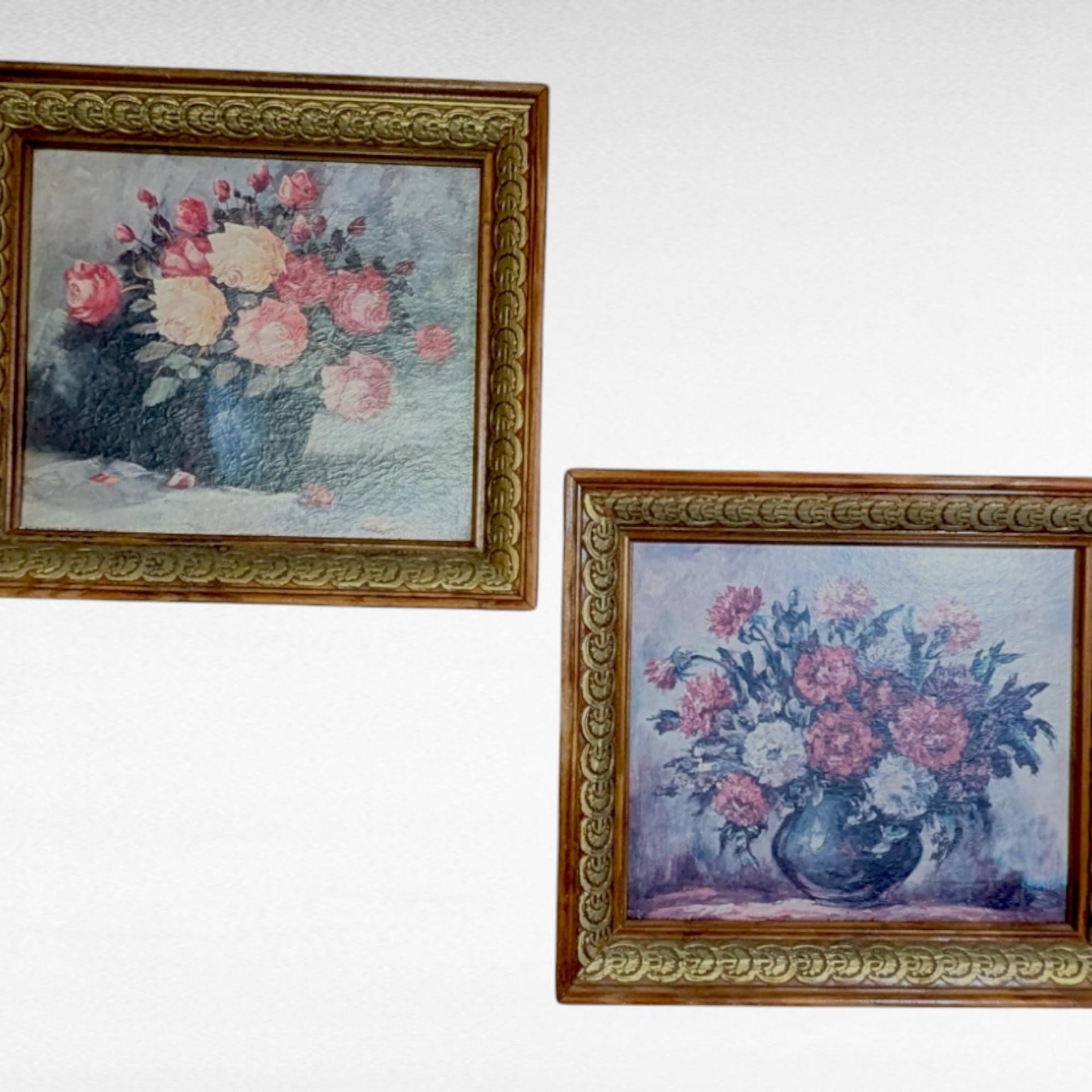 Vintage Pair Still Life Flower Prints, Framed Floral Lithographs, Art Treasure Prints, Wall Decor, Floral Art, Vintage Home Decor
