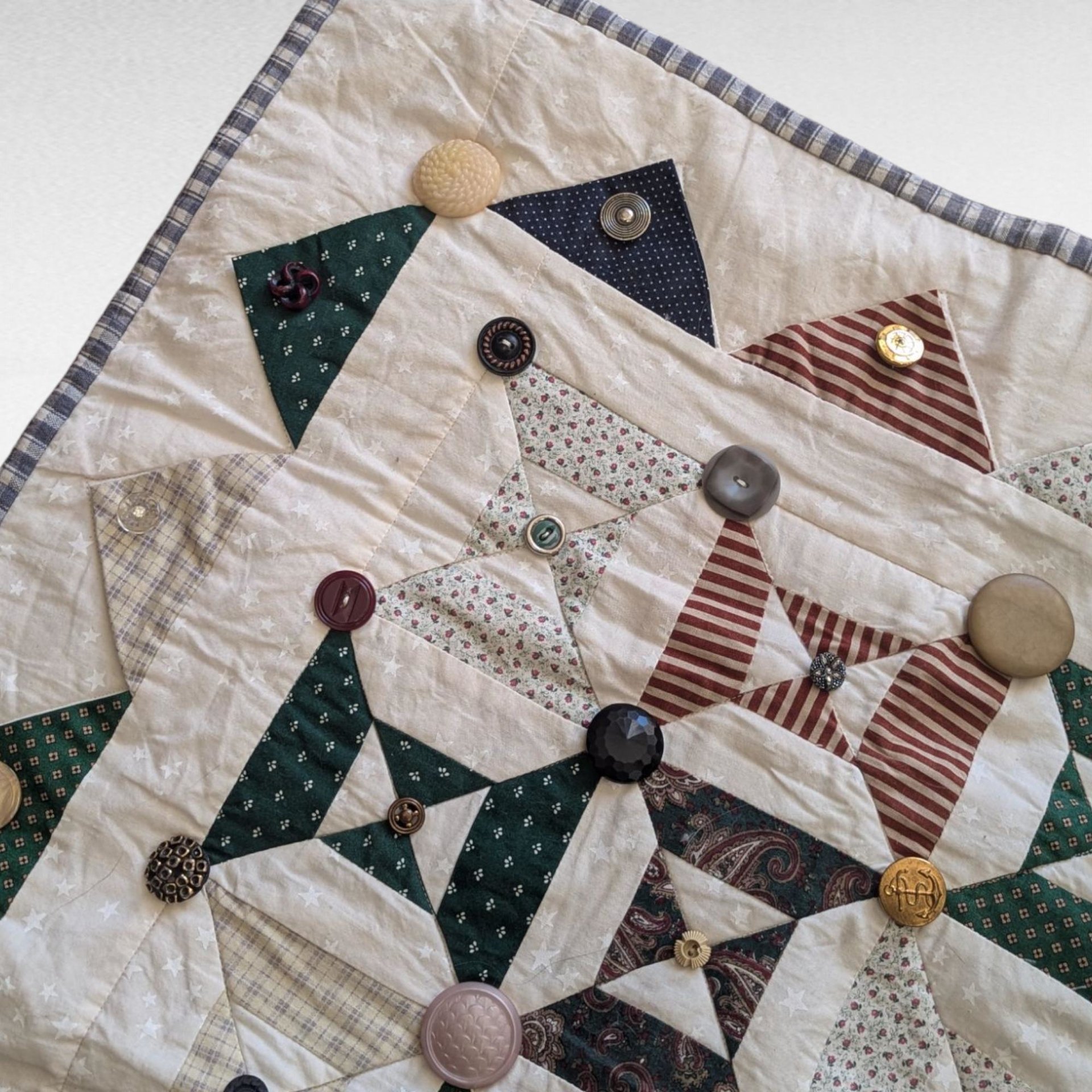 Handmade Patchwork Quilt with Button Accents, 32x28 Inch Lap Quilt, Vintage Style Throw Blanket, Gift for Baby, Child, or Quilt Lover