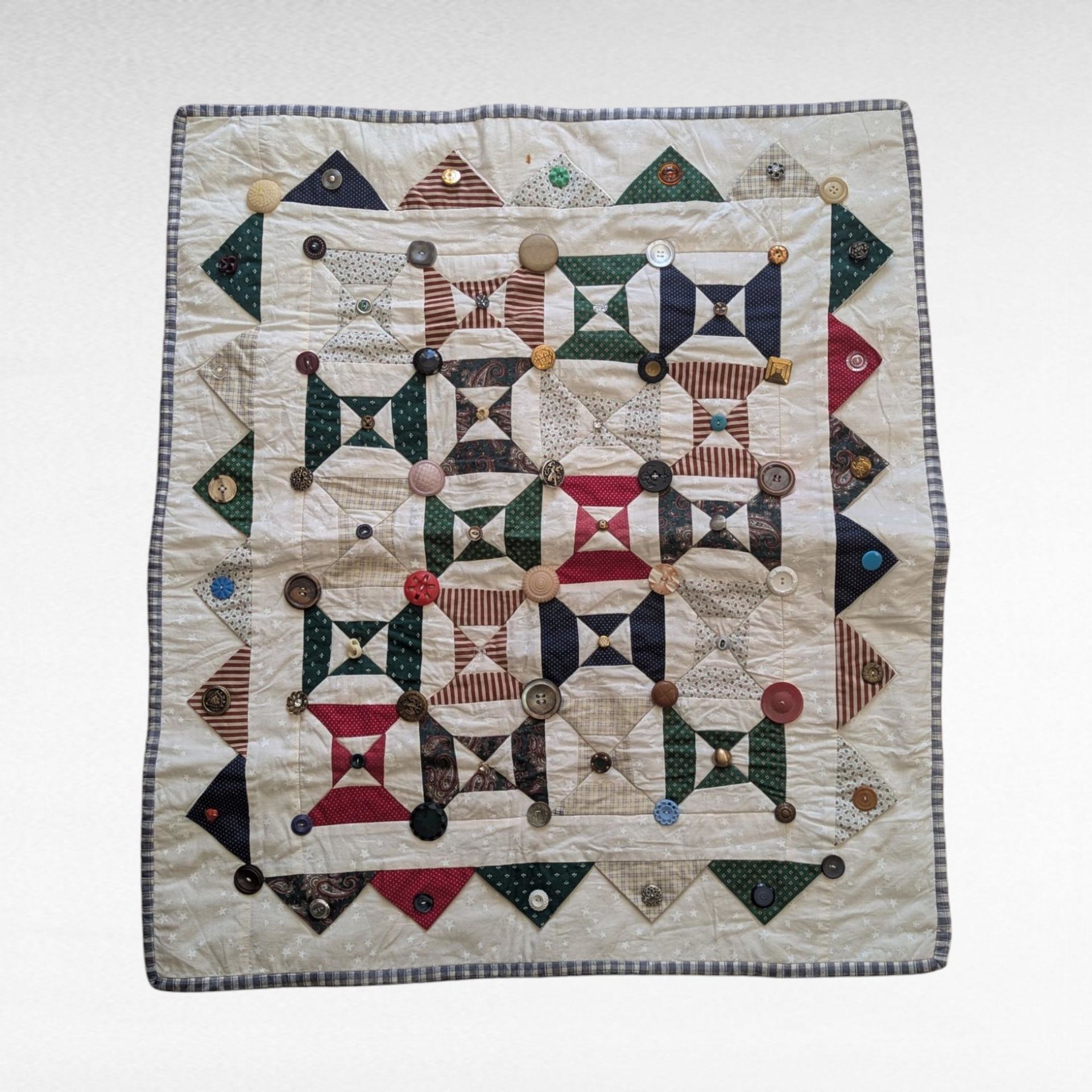 Handmade Patchwork Quilt with Button Accents, 32x28 Inch Lap Quilt, Vintage Style Throw Blanket, Gift for Baby, Child, or Quilt Lover
