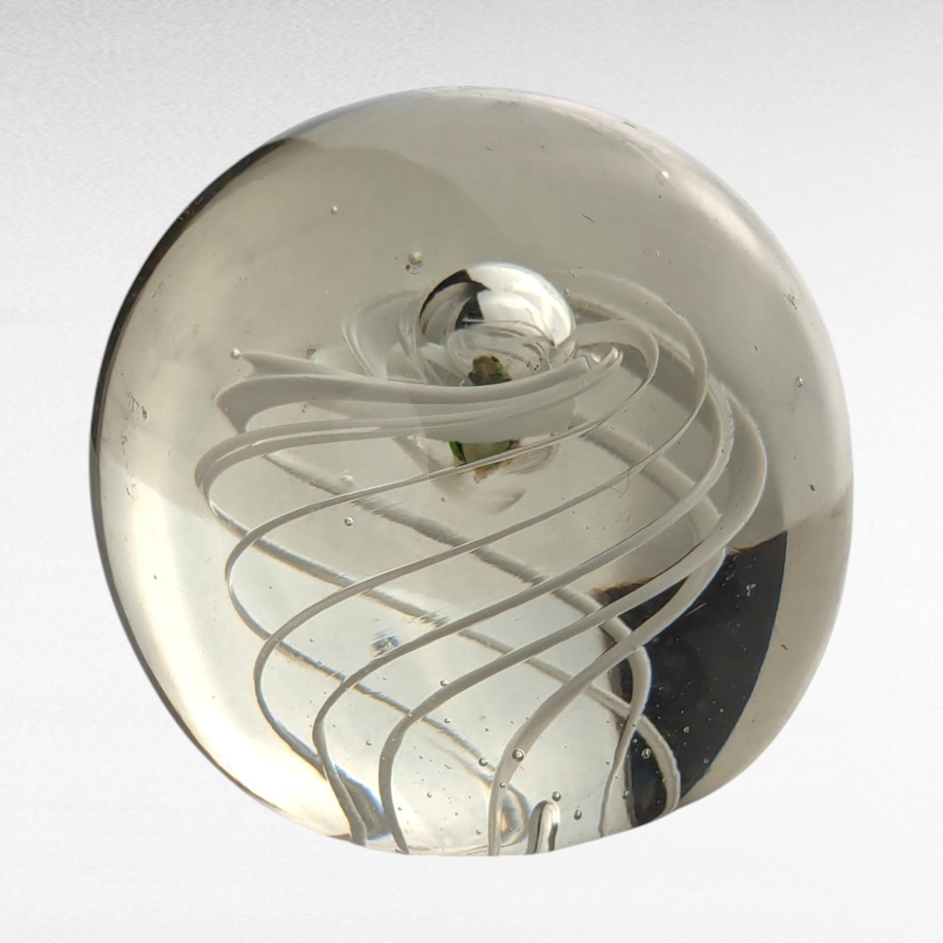 Vintage Glass Swirl Paperweight, Clear Glass Paperweight with White Swirl Design, Desk Accessory