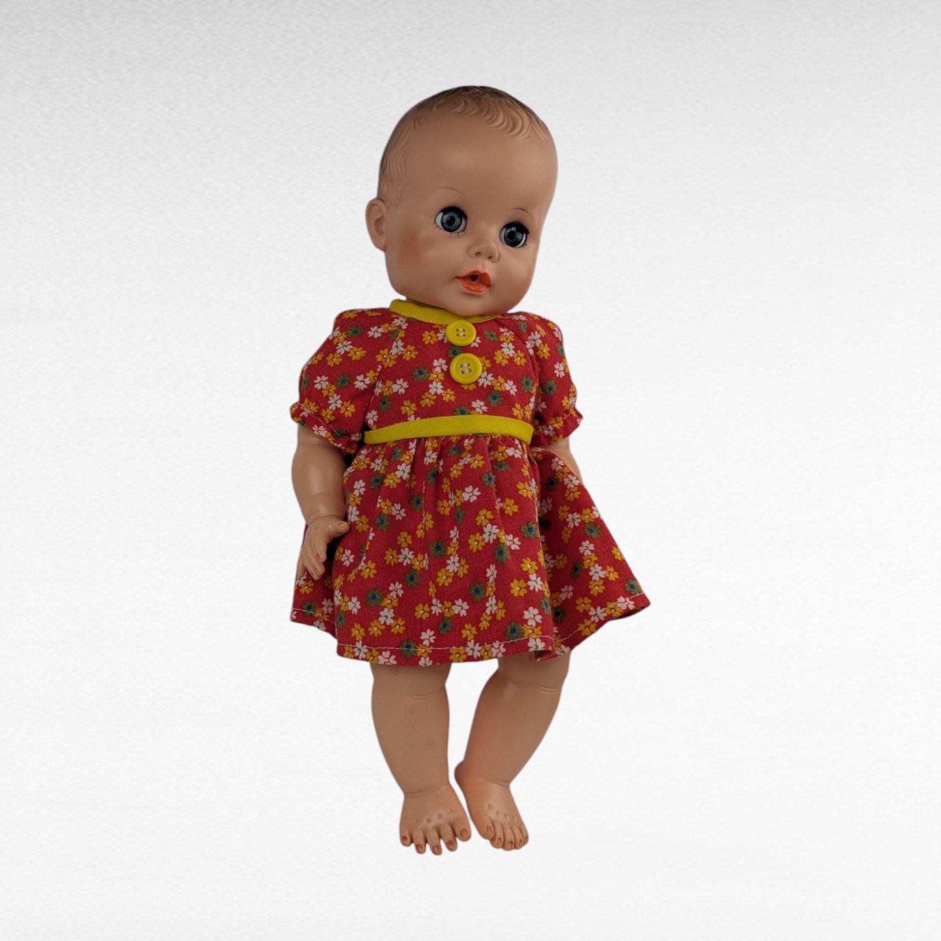 Vintage Eegee Baby Doll 14.5", Red Floral Dress, Moving Arms & Legs, Open and Close Eyes, Collectible Doll, Play Doll