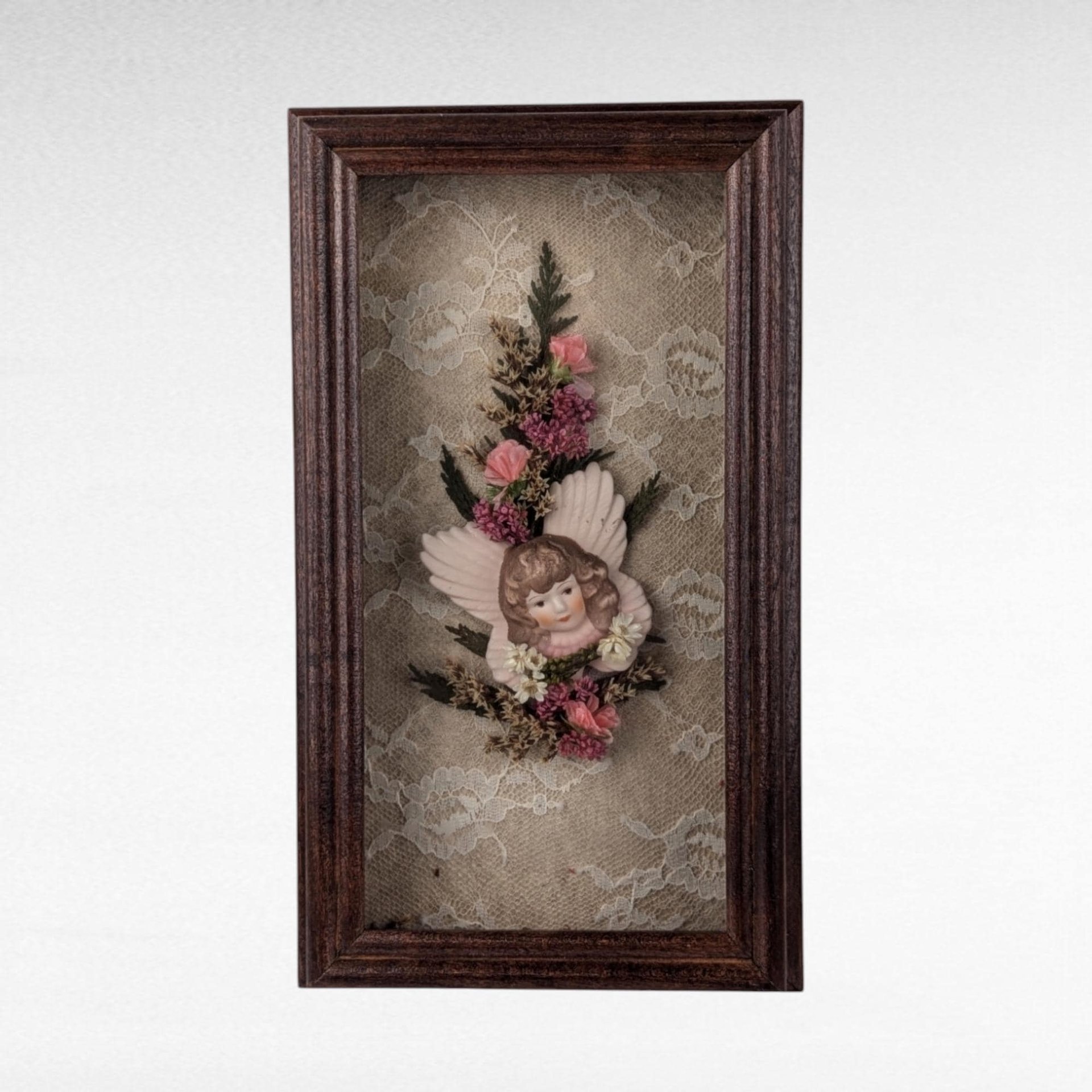 Vintage Shadowbox Wall Hanging with Angel and Flowers.