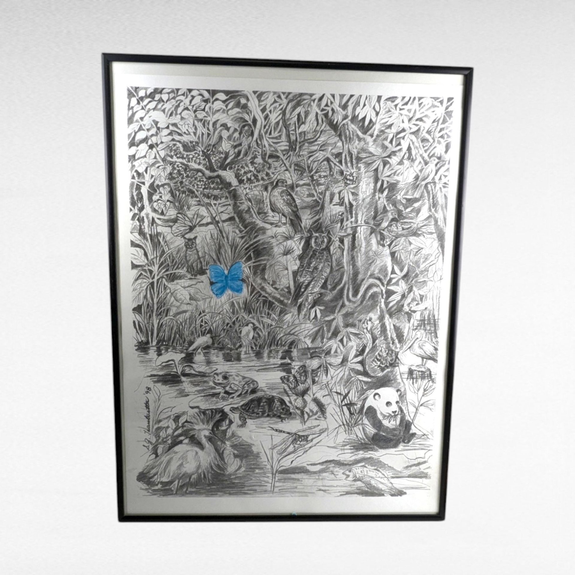 1998 Detailed Nature Drawing Print, Black Metal Frame, Vintage Wildlife Art, Gift for Nature Lover, Home Decor