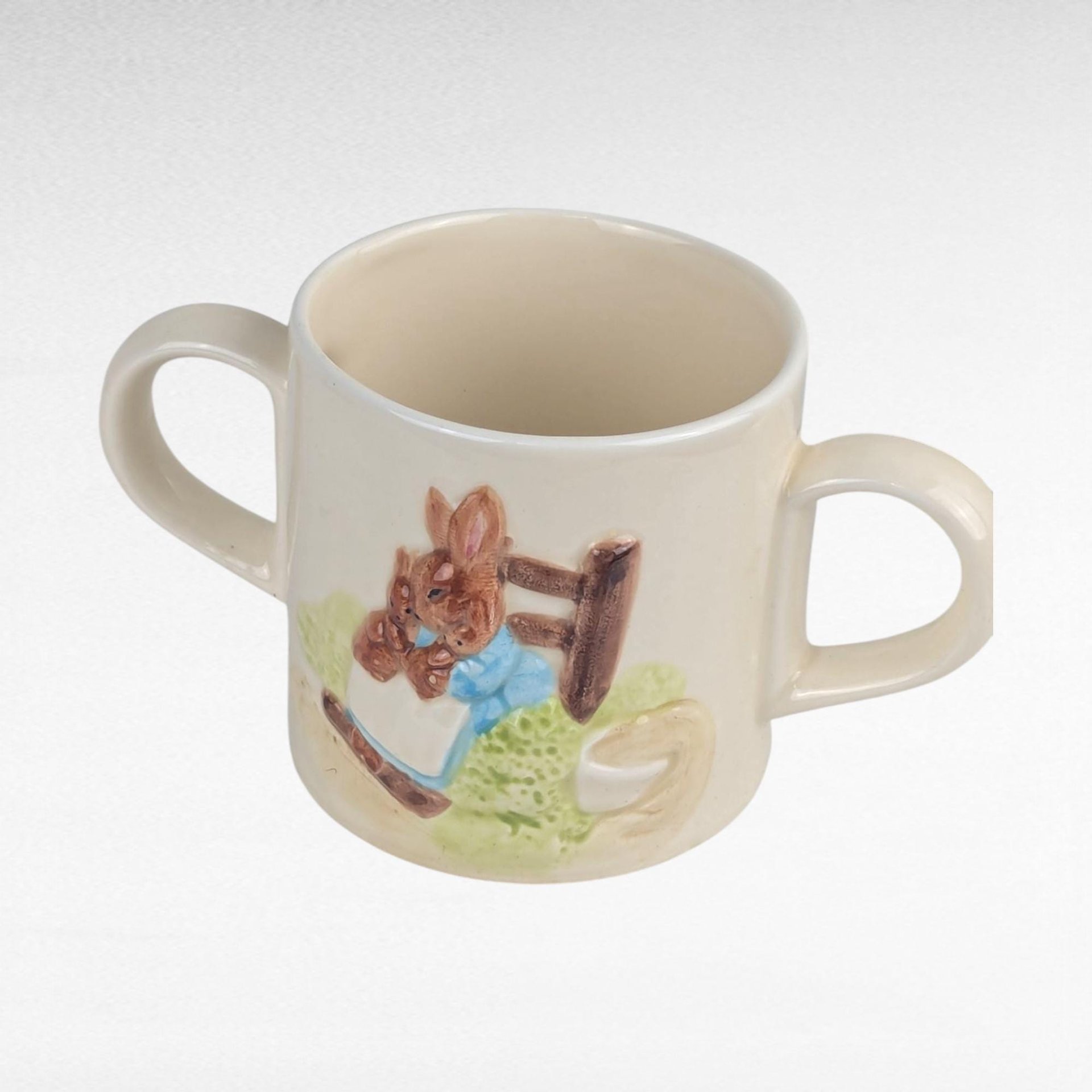1987 Schmid Beatrix Potter Mrs. Rabbit 2 Handled Ceramic Cup, Vintage Children's Mug, Collectible Beatrix Potter, Gift for Nursery