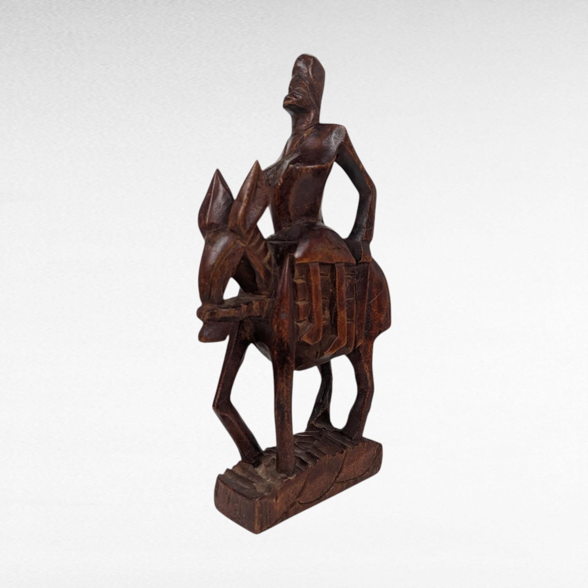 Vintage Hand Carved Wooden Figurines, Tribal Art Decor, African Woman on Horse, Man with Pole, Collectible Wood Carvings