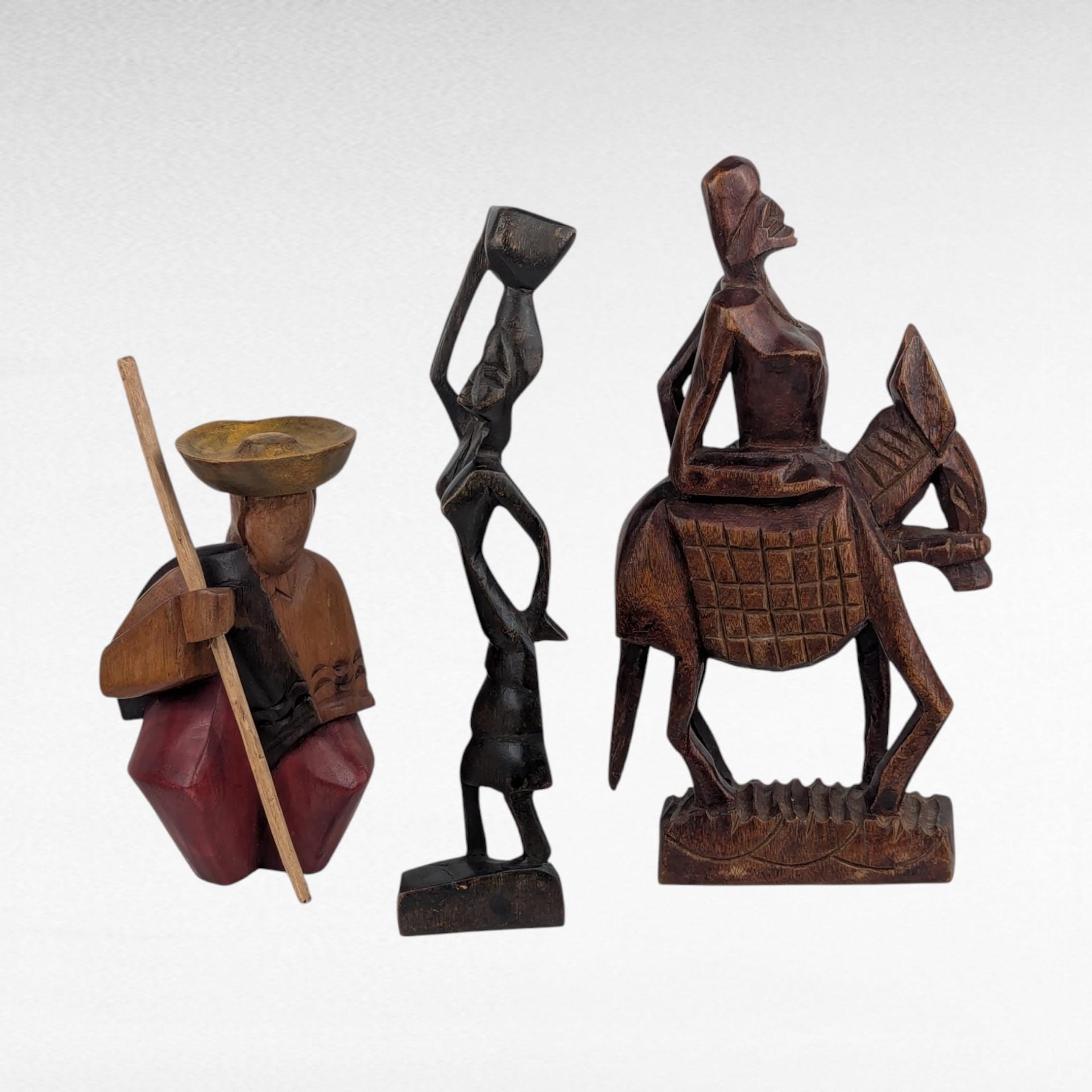 Vintage Hand Carved Wooden Figurines, Tribal Art Decor, African Woman on Horse, Man with Pole, Collectible Wood Carvings