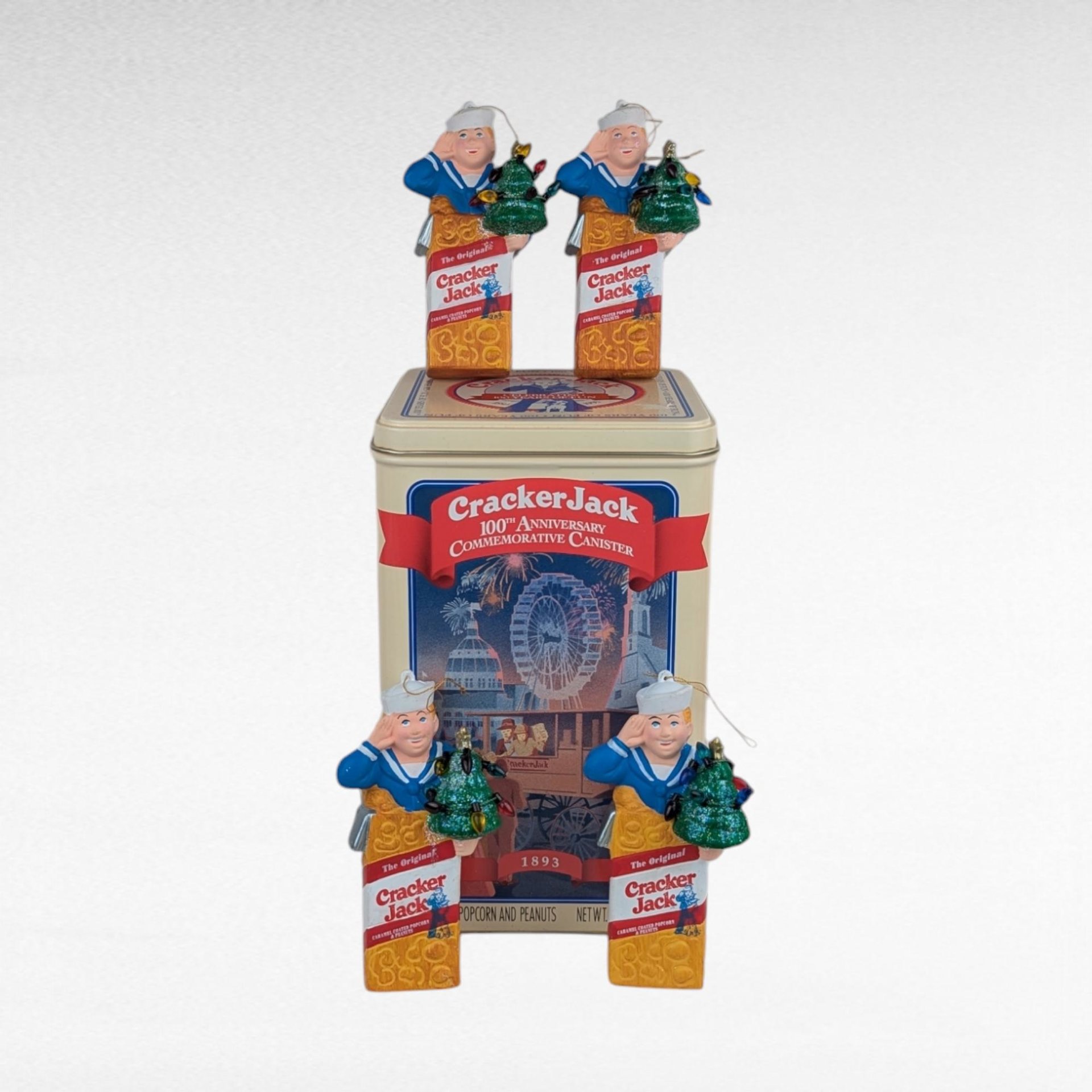 Vintage Cracker Jack Collectibles, 1993 100th Anniversary Tin & 1999 Ornaments, Nostalgic Candy Memorabilia, Gift for Collectors
