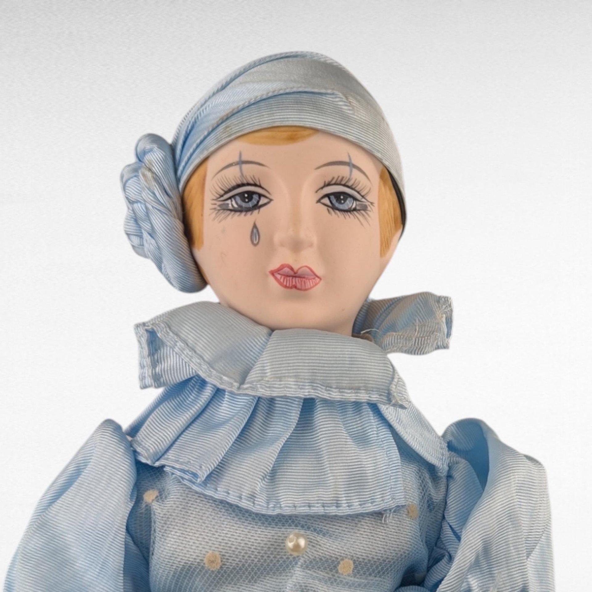 Vintage Pierrot Clown Doll, Blue Ceramic Doll, 19 1/4 Inches, Collectible Clown Doll, Gift For Collector, Vintage Home Decor
