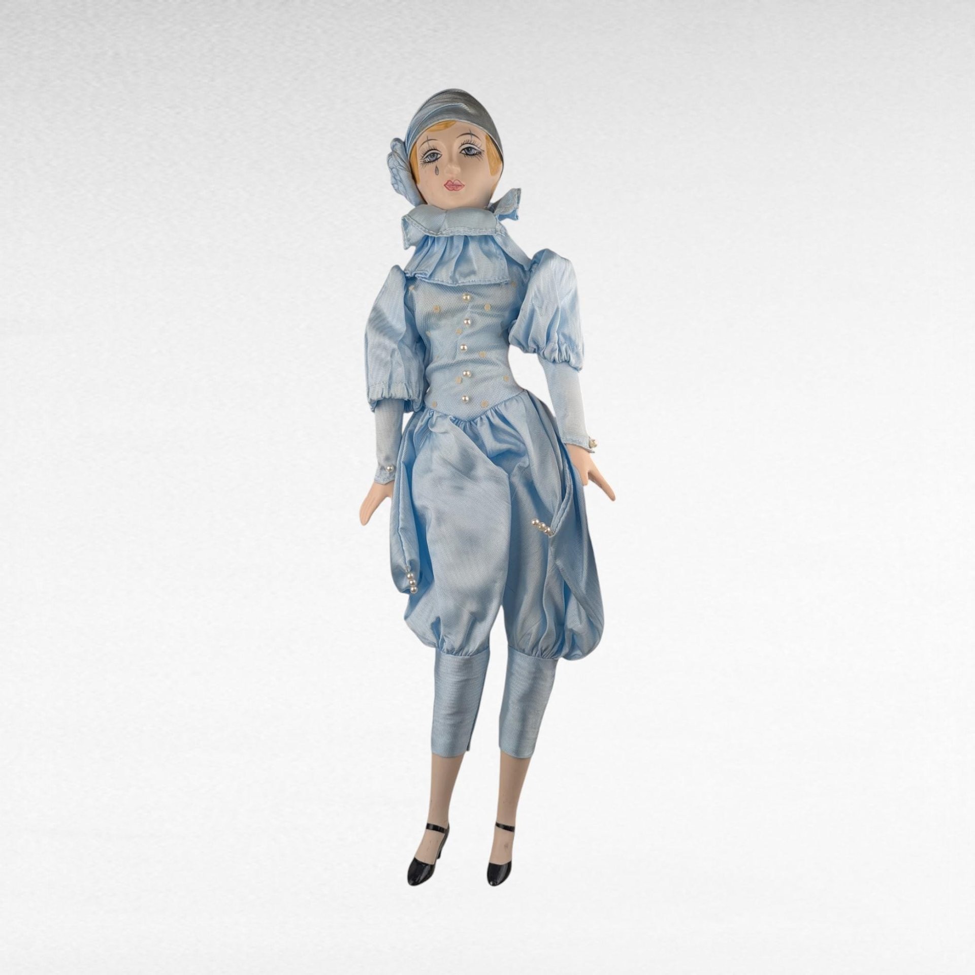 Vintage Pierrot Clown Doll, Blue Ceramic Doll, 19 1/4 Inches, Collectible Clown Doll, Gift For Collector, Vintage Home Decor