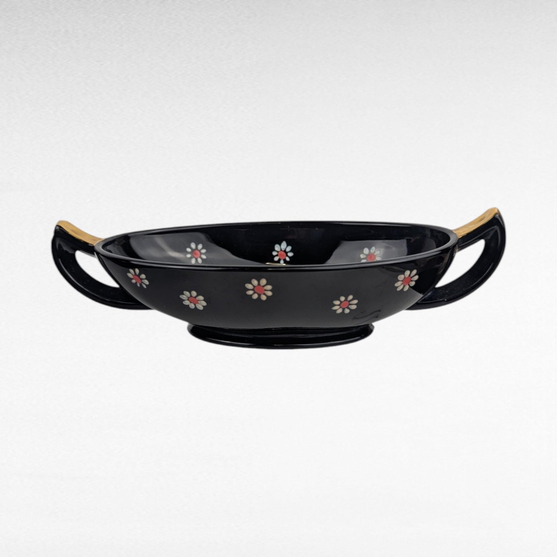 Vintage Imperial Glass Black and Gold Bowl Set with Daisy Design, Handled Bowls and Plates, Elegant Tableware, Gift for Hostess, Collector