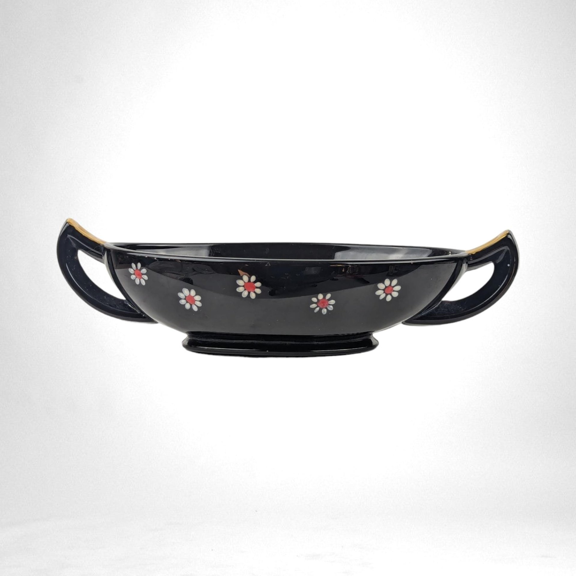 Vintage Imperial Glass Black and Gold Bowl Set with Daisy Design, Handled Bowls and Plates, Elegant Tableware, Gift for Hostess, Collector