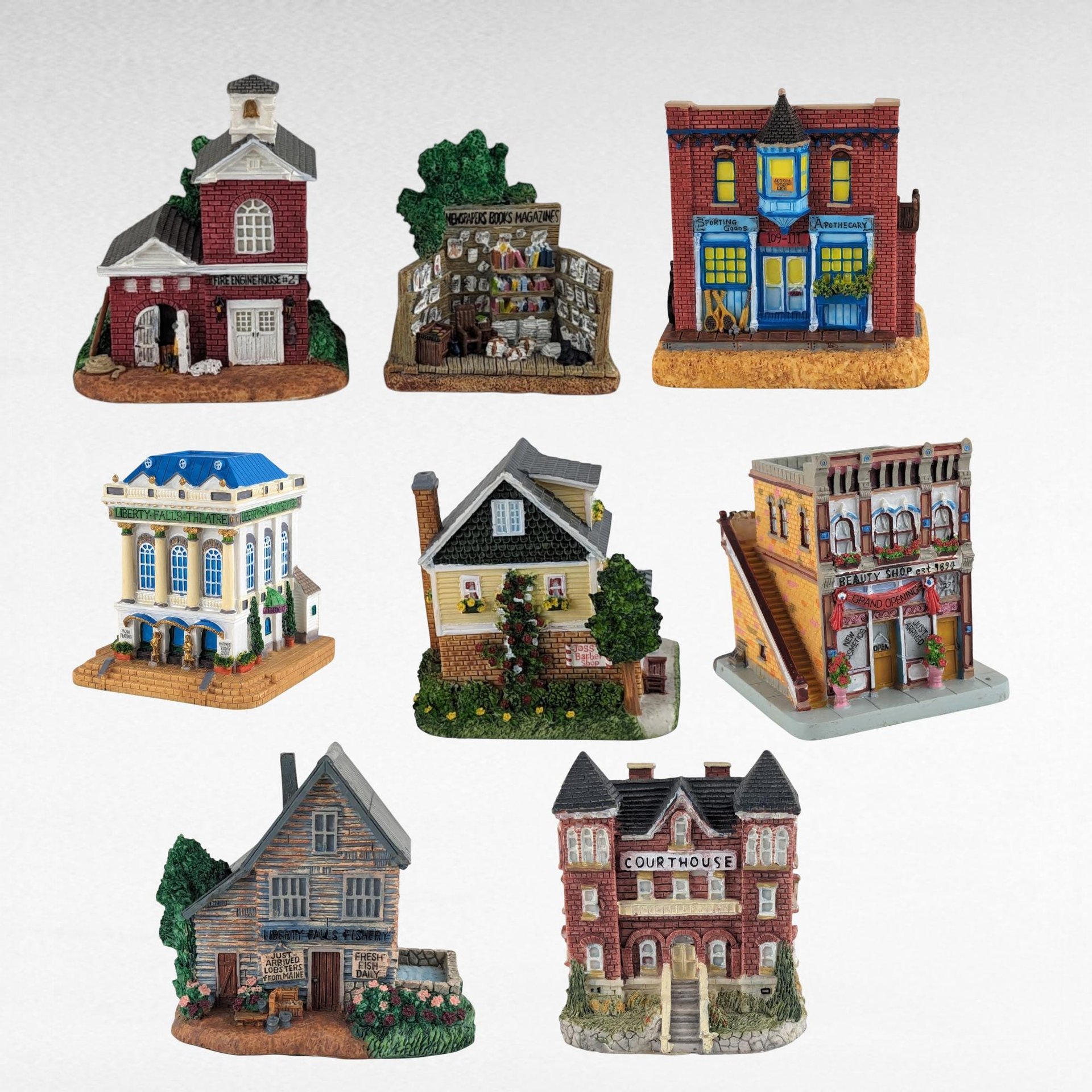 Vintage Liberty Falls Village Figurines, 7 Piece Set, Barber Shop, Firehouse, Shops, Courthouse, Collectible Miniatures, Gift for Collector
