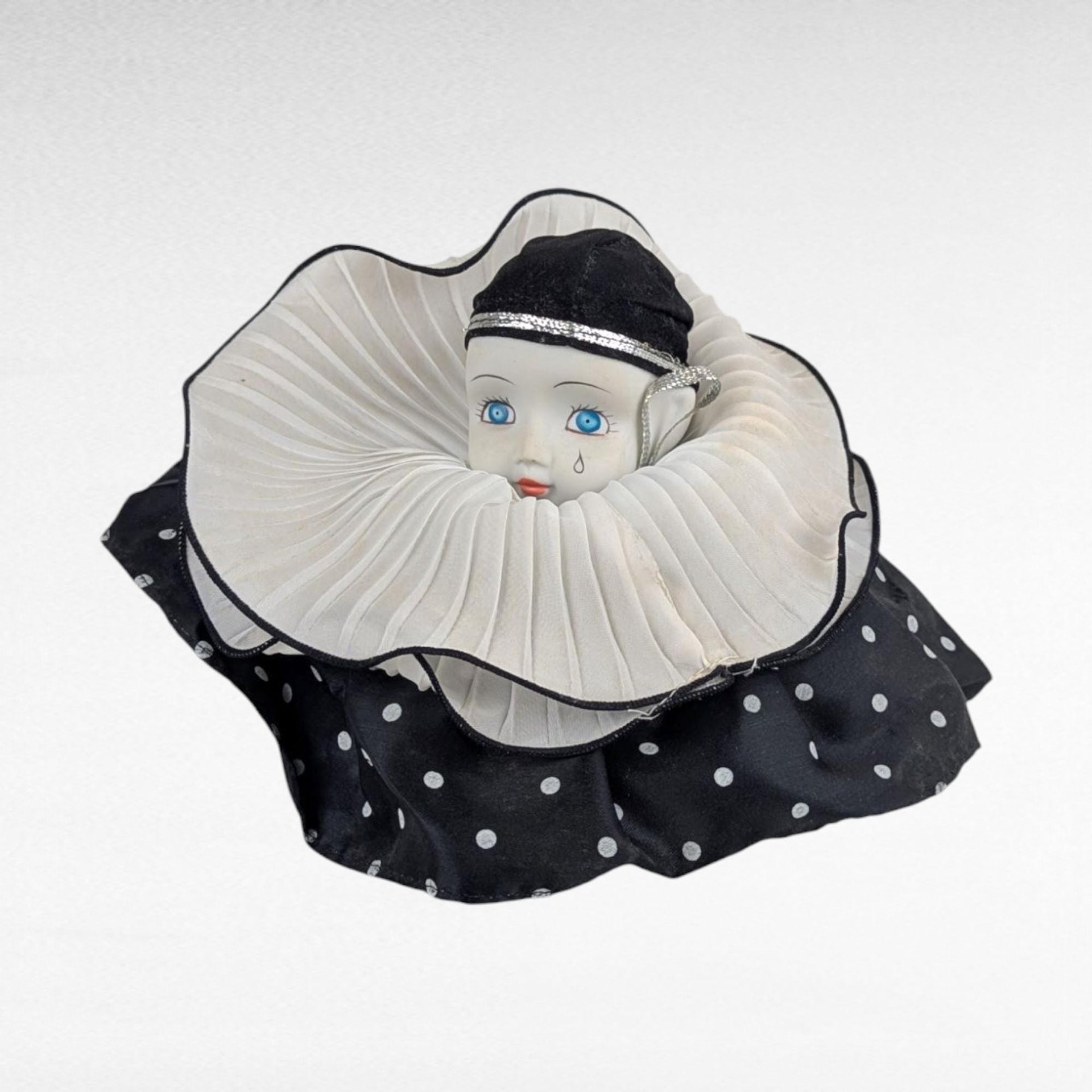 Vintage Sad Clown Head Music Box, Black & White Porcelain, Rotating Base, Unique Gift, Collectible Clown Decor