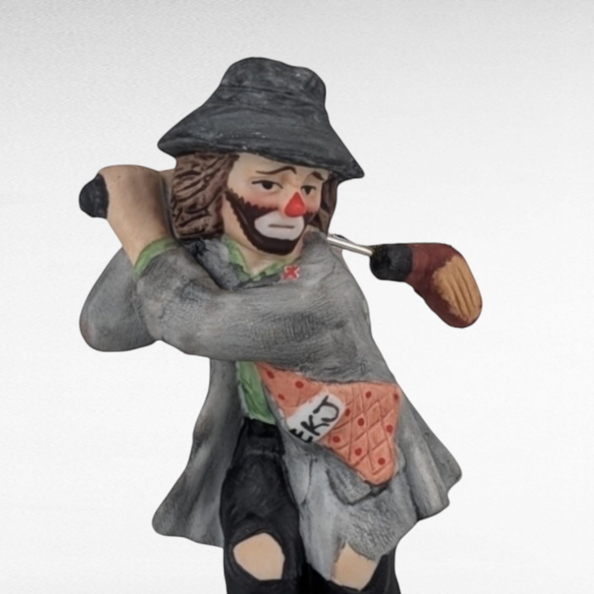 Vintage Flambro Emmett Kelly Jr. Hobo Clown Golf Figurine, Swinging Golf Club, Collectible Clown, Gift for Golfer, 5 Inches, Circus Theme