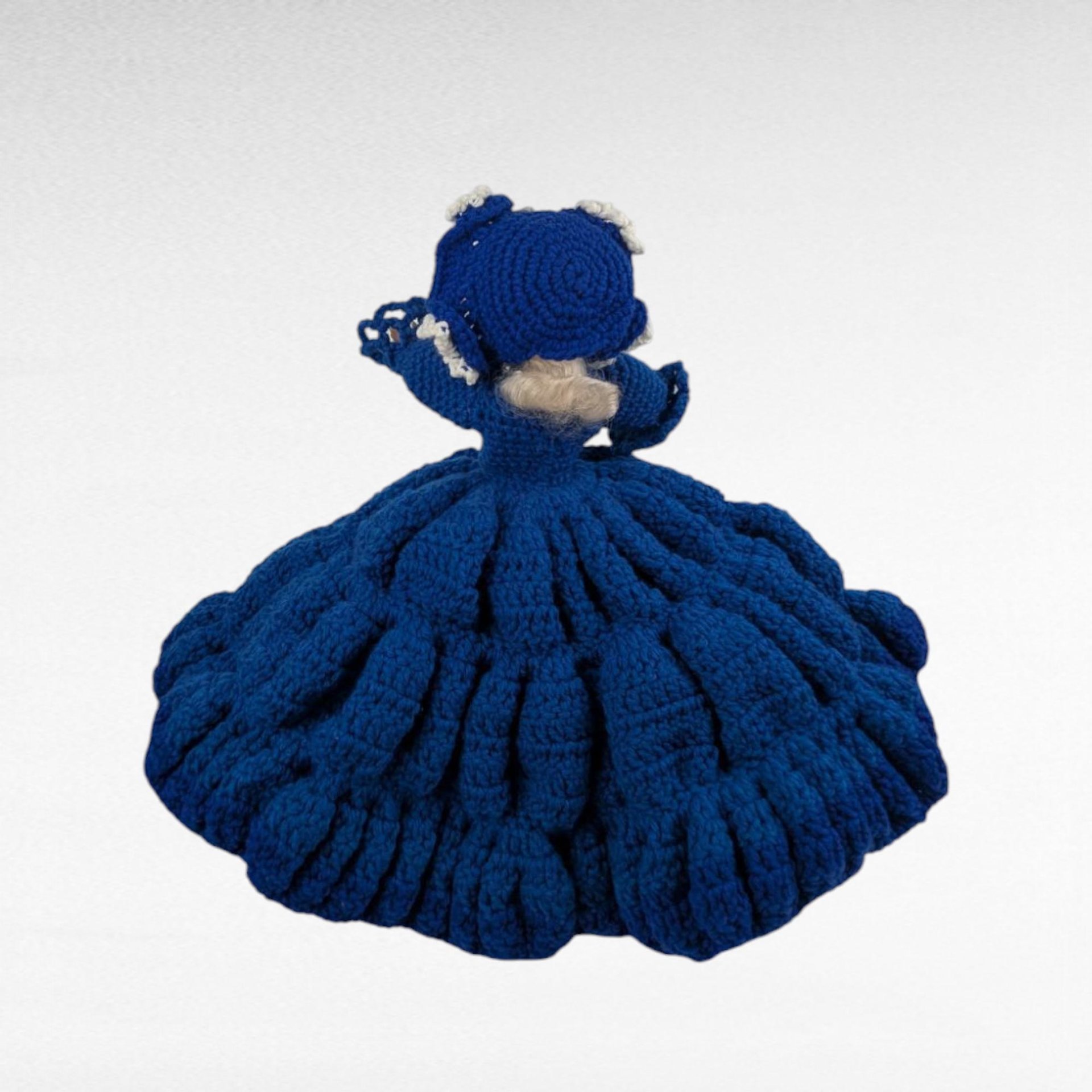 Vintage Handmade Crochet Lady Doll, Blue Dress and Bonnet, Folk Art Doll, Textile Art, Collectible Doll, Unique Gift, Home Decor