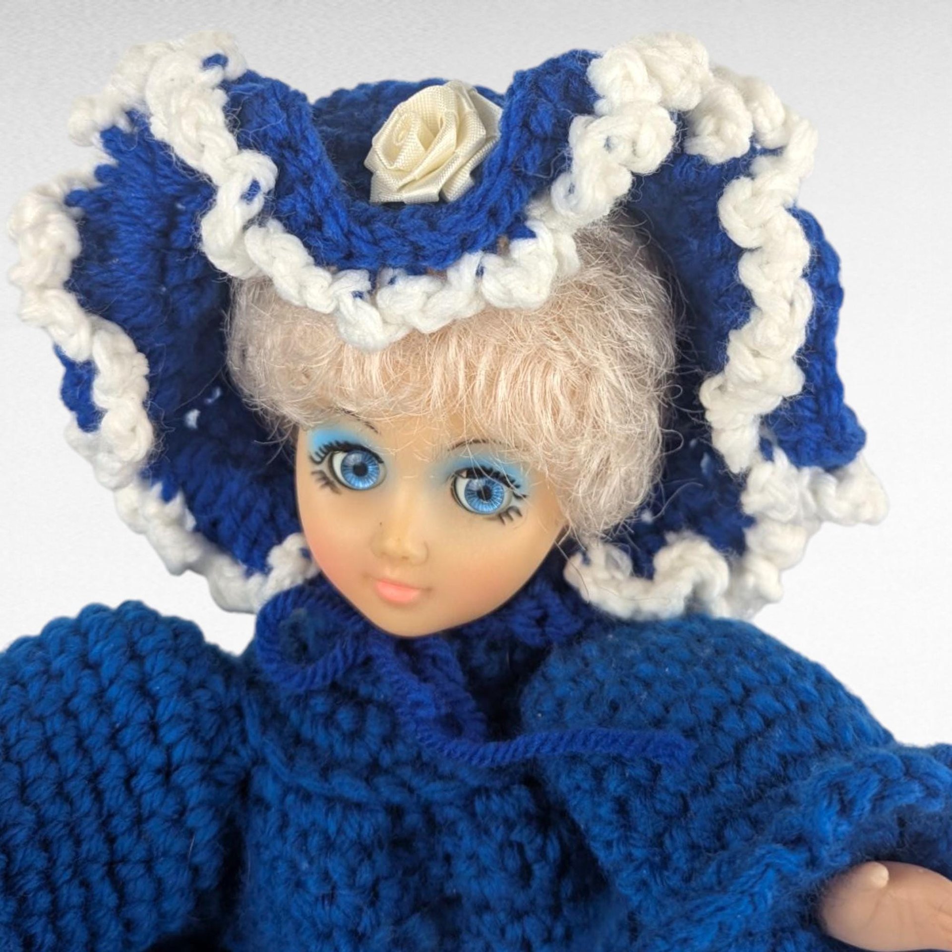 Vintage Handmade Crochet Lady Doll, Blue Dress and Bonnet, Folk Art Doll, Textile Art, Collectible Doll, Unique Gift, Home Decor