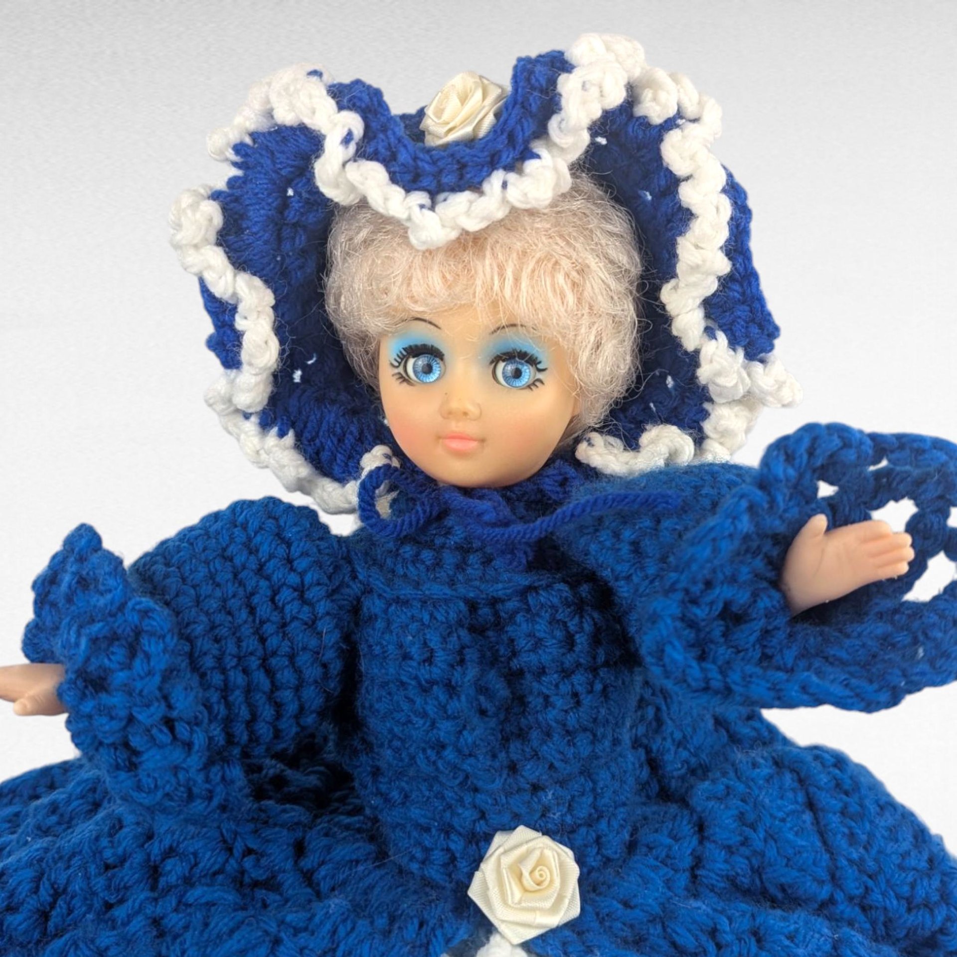 Vintage Handmade Crochet Lady Doll, Blue Dress and Bonnet, Folk Art Doll, Textile Art, Collectible Doll, Unique Gift, Home Decor