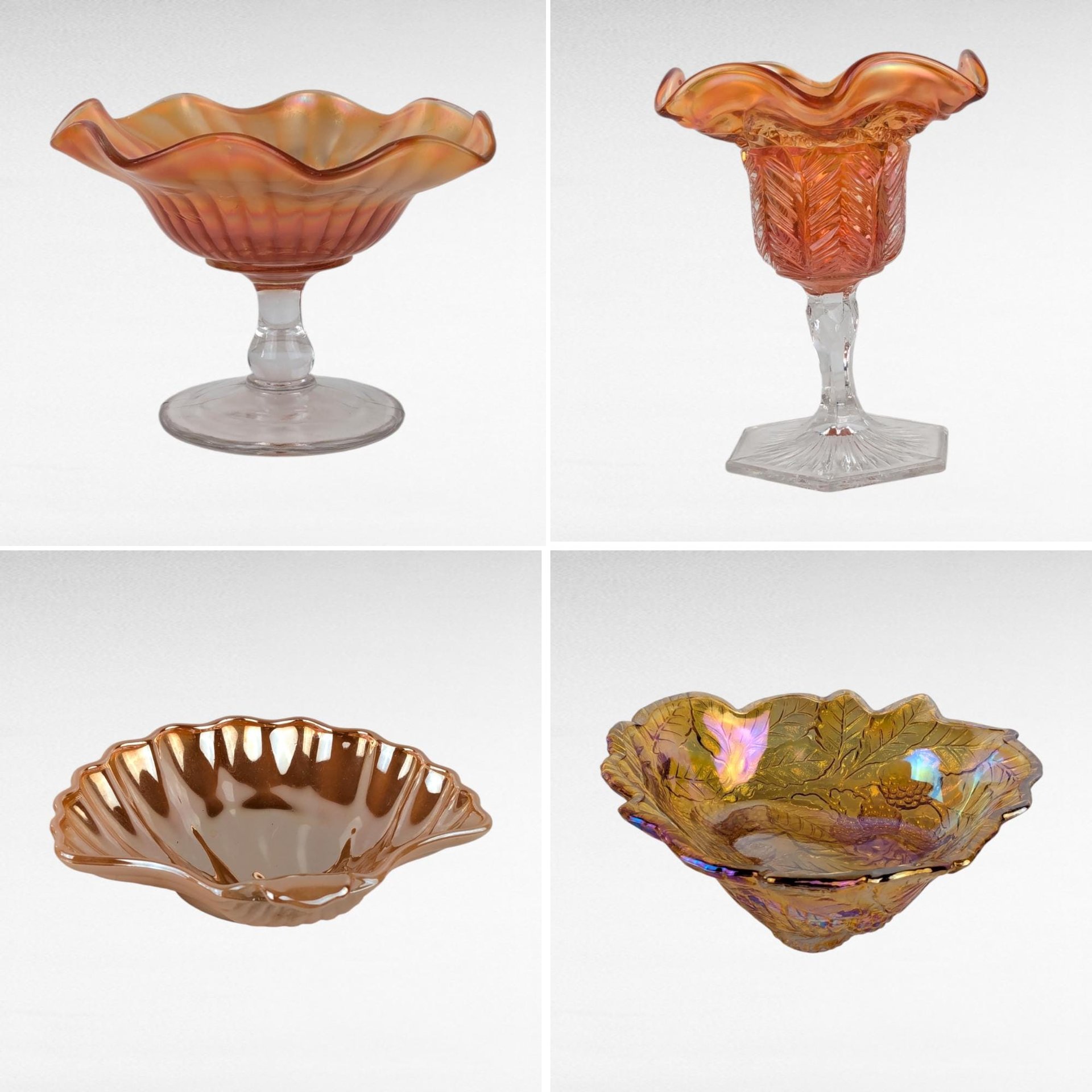 Vintage Marigold Glass Set, 4 Pieces, Compote, Candy Dishes,  Loganberry Bowl,  Iridescent Glassware, Home Decor, Gift for Collector