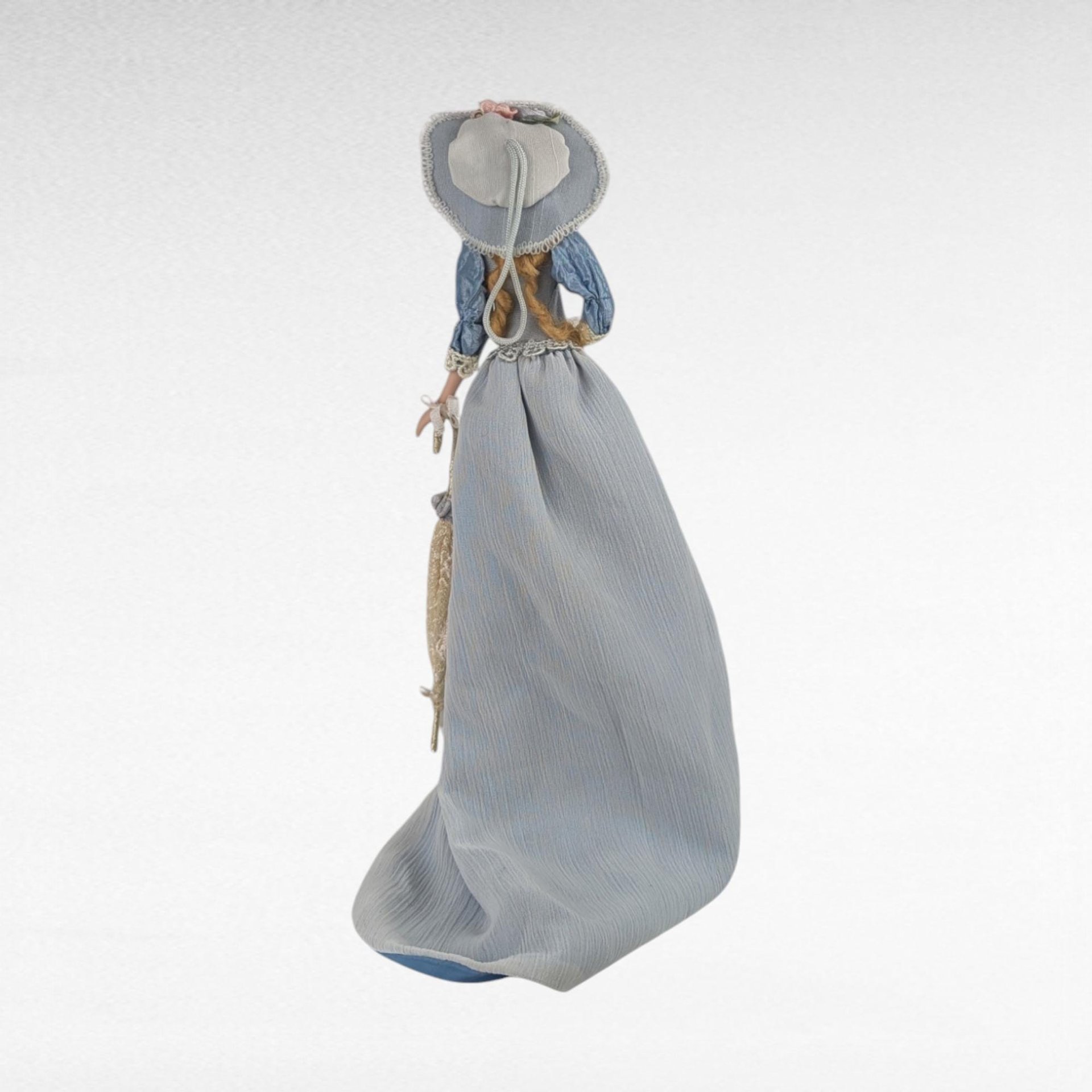 Vintage Porcelain Victorian Tassel Doll, Blue Dress, Umbrella, Hat, Display Doll, Dresser Doll, Gift for Doll Collector
