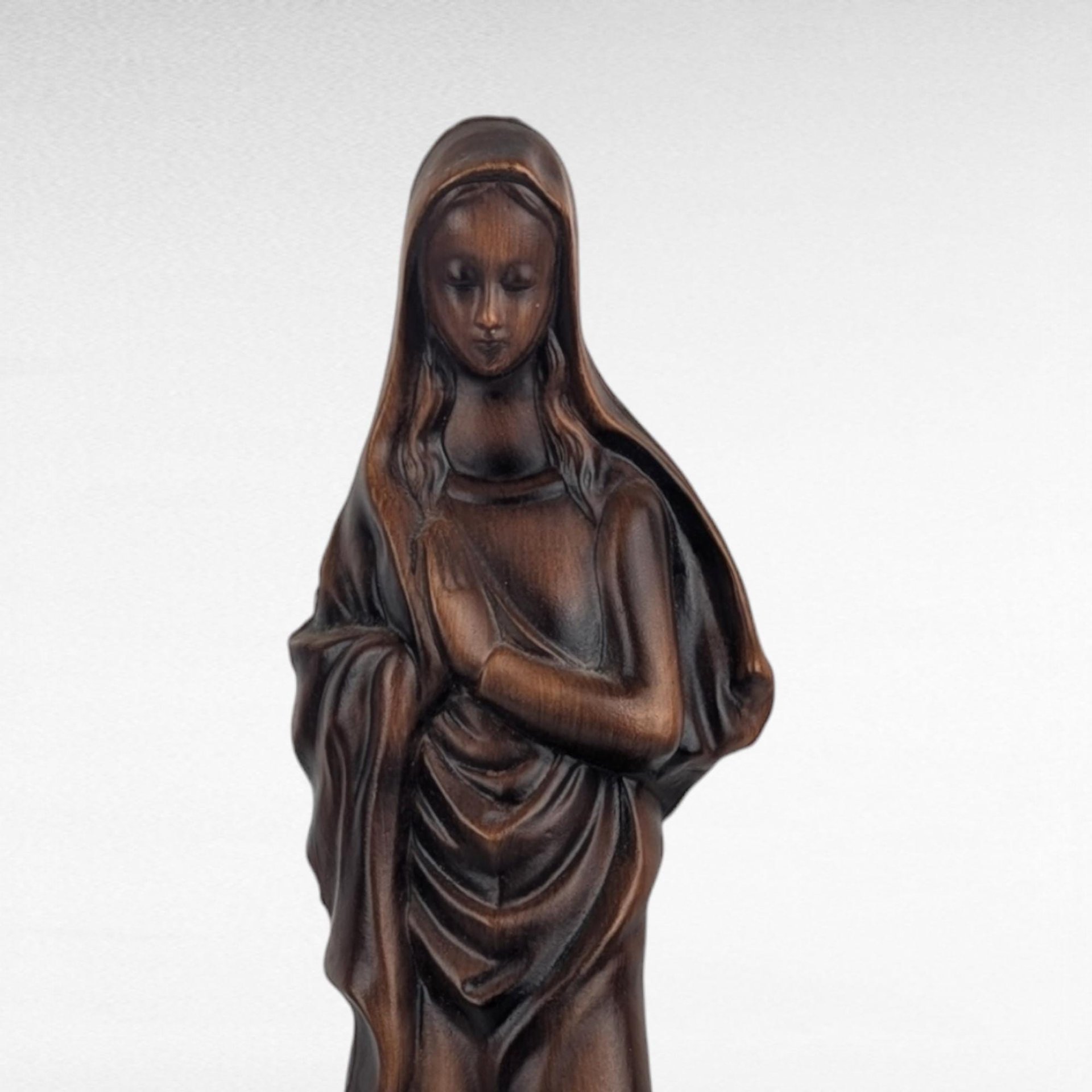 Vintage Madonna Figure, Wood Look Resin Sculpture, 13", Made in Japan, Religious Decor, Gift for Devotee