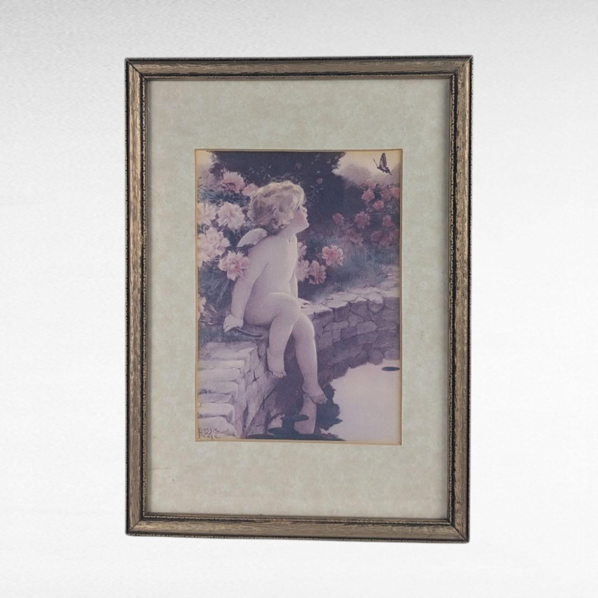 Vintage Framed Bessie Pease Gutmann Cherub and Butterfly Print.