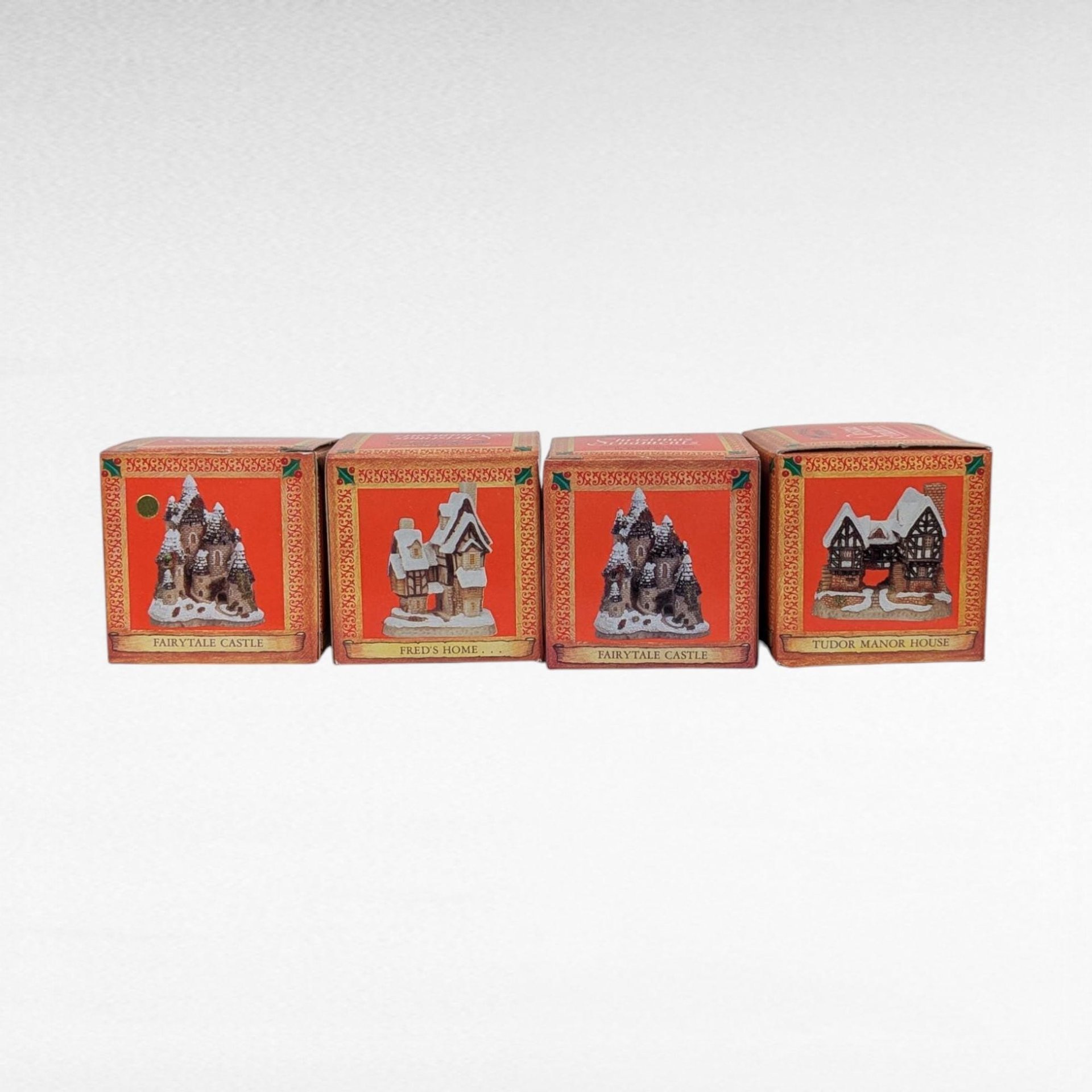 Set of 4 Vintage David Winter Christmas Ornaments, Fairytale Castle, Tudor Manor, Collectible Holiday Decor, Gift for Collector